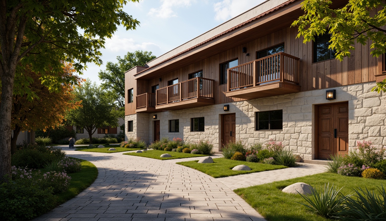 Prompt: Rustic university campus, regionalism style architecture, local materials, reclaimed wood accents, natural stone walls, earthy color palette, traditional roof tiles, ornate wooden doors, vintage lanterns, lush greenery, mature trees, serene atmosphere, warm soft lighting, shallow depth of field, 3/4 composition, panoramic view, realistic textures, ambient occlusion.