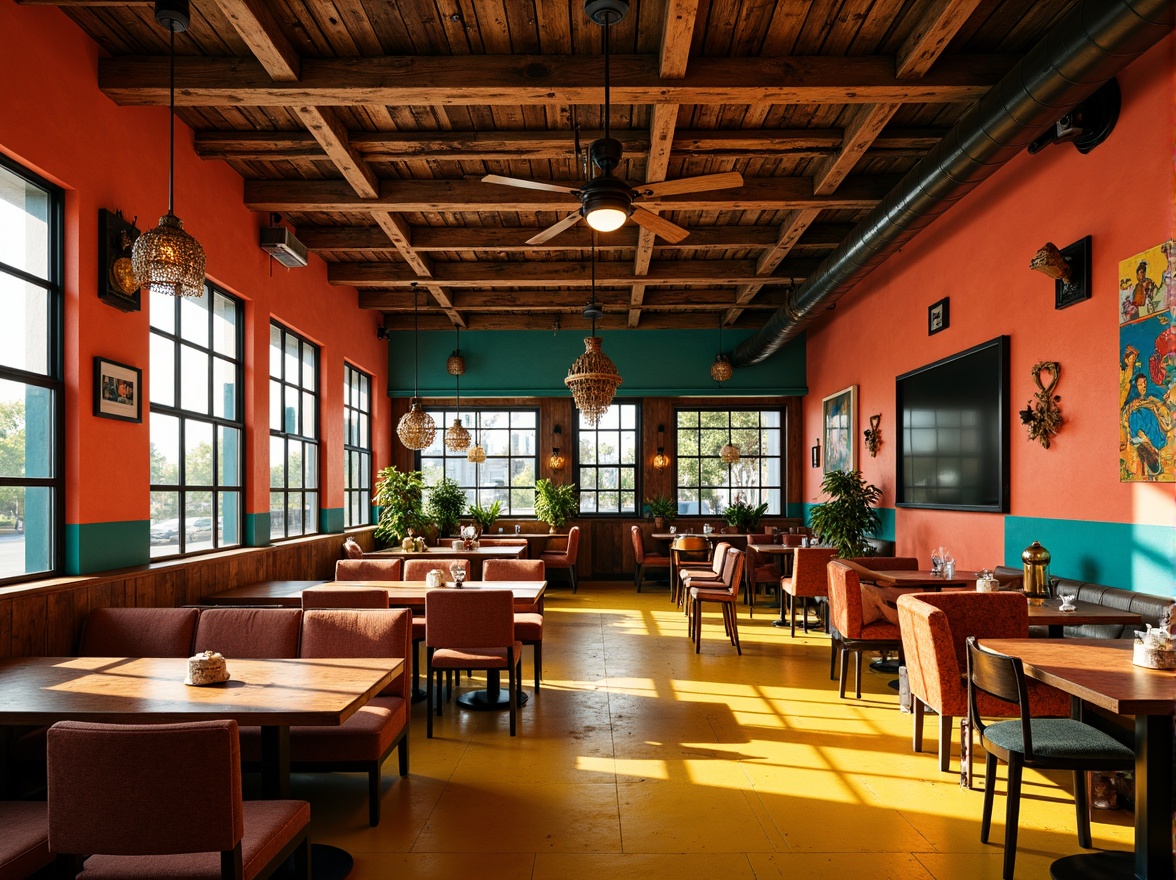 Prompt: Vibrant restaurant interior, expressionist art style, bold color palette, warm golden lighting, rich wood accents, eclectic furniture, abstract artwork, geometric patterns, bright coral walls, deep turquoise ceilings, sunny yellow floors, distressed metal decorations, reclaimed wood textures, industrial chic atmosphere, dramatic shadows, high contrast ratio, 1/2 composition, cinematic lighting, realistic reflections.