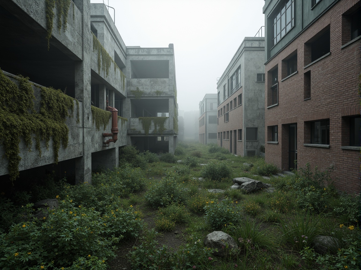 Prompt: Rugged brutalist architecture, raw concrete textures, fortress-like structures, overgrown vegetation, wildflowers, moss-covered walls, industrial landscapes, abandoned factories, crumbling brick facades, distressed metal accents, urban decay, post-apocalyptic atmosphere, dramatic lighting, low-angle shots, cinematic composition, gritty realistic renderings, atmospheric fog effects, misty mornings, eerie silence.