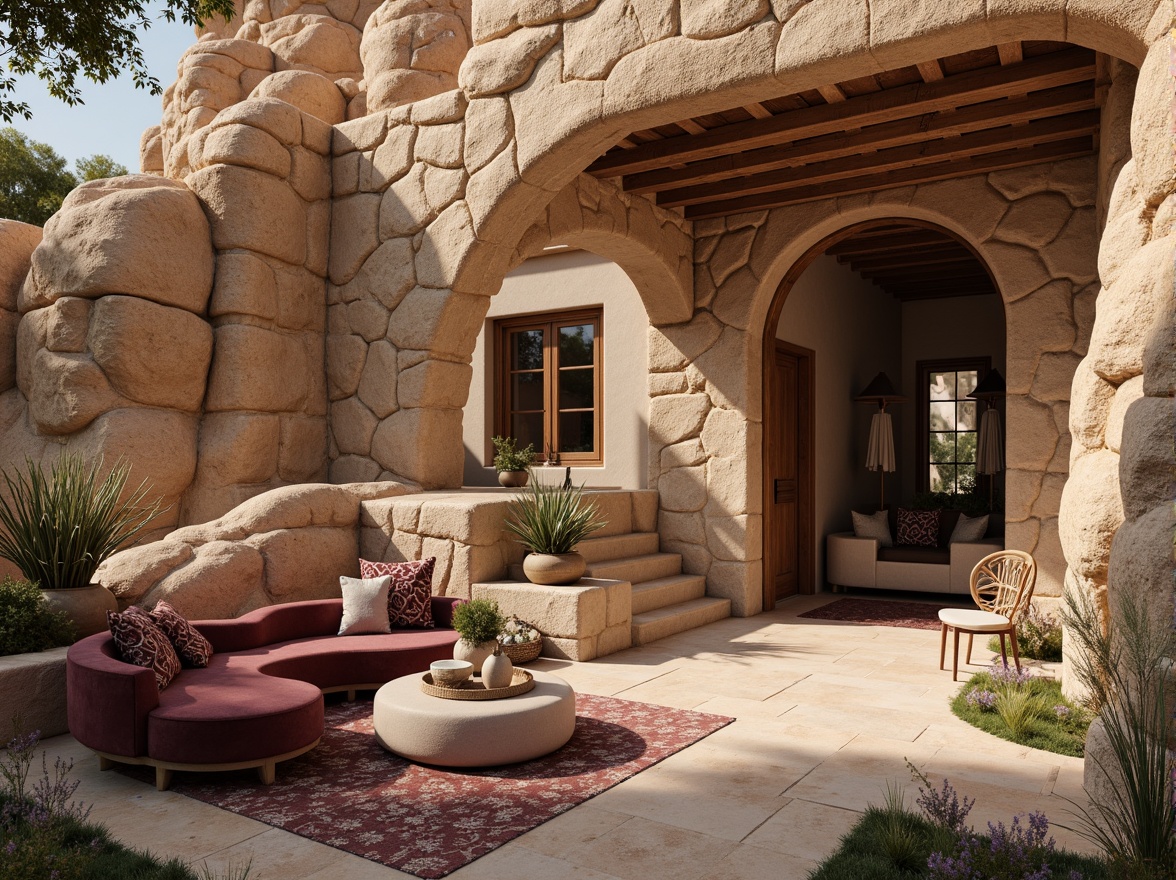 Prompt: Rustic sandstone walls, burgundy accent stones, earthy tones, natural textures, rugged landscape, desert flora, warm sunny day, soft diffused lighting, shallow depth of field, 1/2 composition, realistic rock formations, ambient occlusion, intricate stone carvings, ornate metal details, luxurious velvet fabrics, rich wood furnishings, cozy intimate spaces, dramatic archways, grand entrance halls.