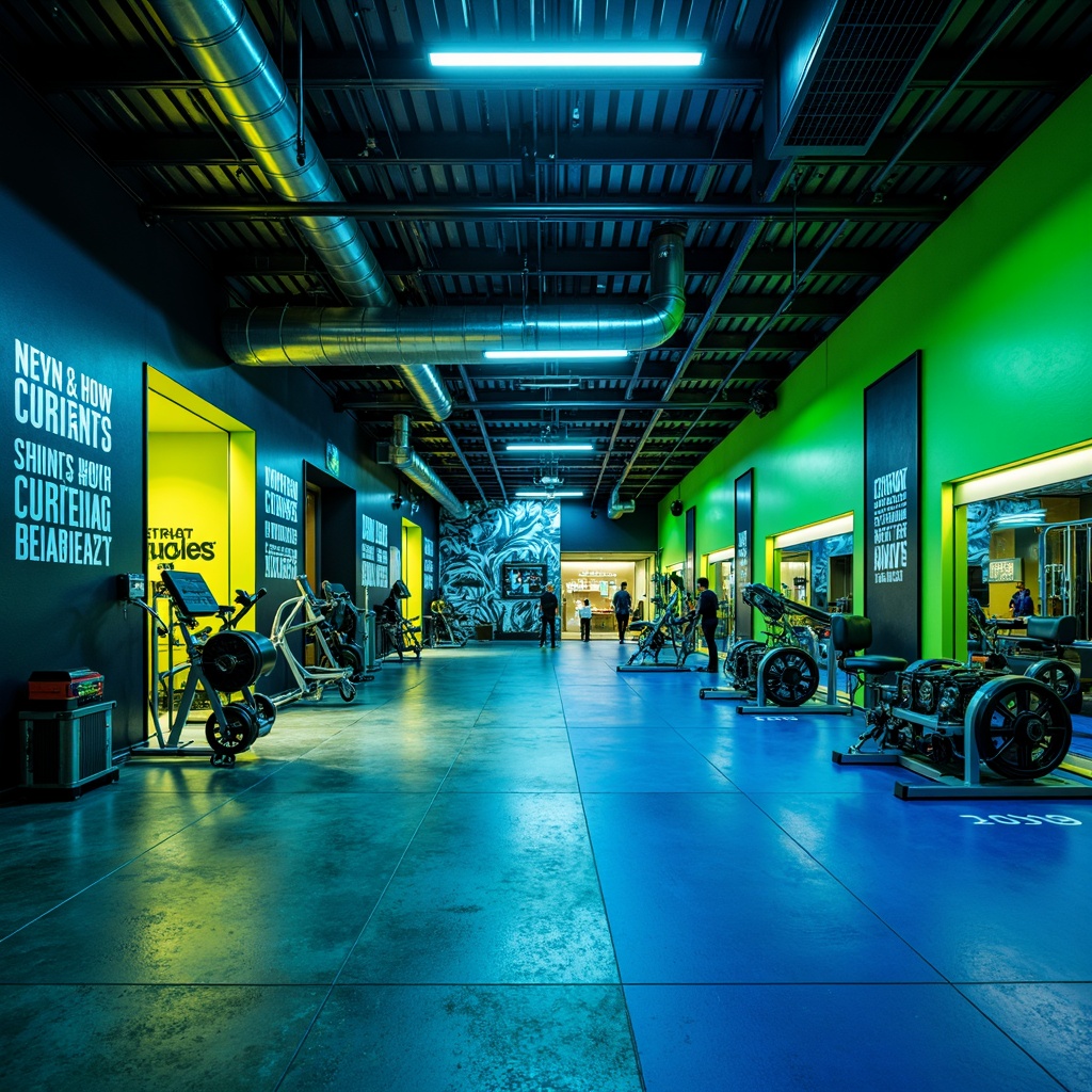 Prompt: Vibrant gym interior, bold color scheme, energetic atmosphere, neon green accents, deep blue tones, metallic silver equipment, industrial concrete floors, exposed ductwork ceilings, modern LED lighting, motivational quotes, athletic tracks, dynamic shapes, abstract patterns, high-contrast textures, dramatic shadows, 1/2 composition, low-angle shot, cinematic mood, realistic reflections.