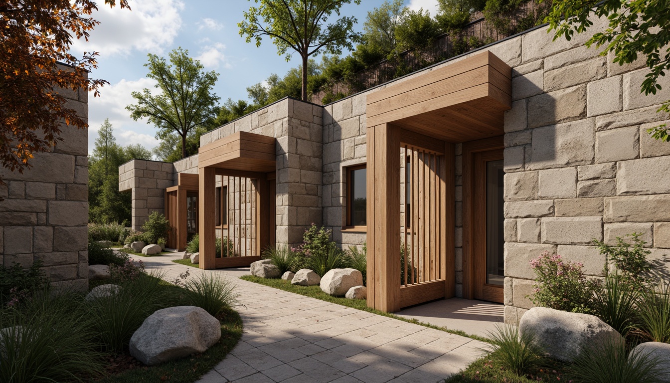 Prompt: Rough stone walls, rustic brick facades, wooden accents, natural wood grain, earthy tones, organic forms, irregular shapes, tactile experiences, 3D modeling, realistic renderings, ambient occlusion, soft warm lighting, shallow depth of field, 2/3 composition, modern architecture, sustainable design, eco-friendly materials, green roofs, living walls, urban landscapes, city skylines, industrial heritage, converted warehouses.