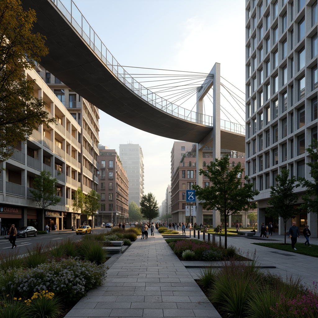 Prompt: Curved bridge silhouette, lush greenery integration, natural stone foundations, steel arches, suspension cables, urban cityscape, misty morning atmosphere, soft warm lighting, shallow depth of field, 3/4 composition, panoramic view, realistic textures, ambient occlusion, fusion architecture style, modern minimalist design, sleek metal railings, glass pedestrian walkways, vibrant colorful street art, intricate geometric patterns, water features, reflection pools, urban furniture, dynamic city life.