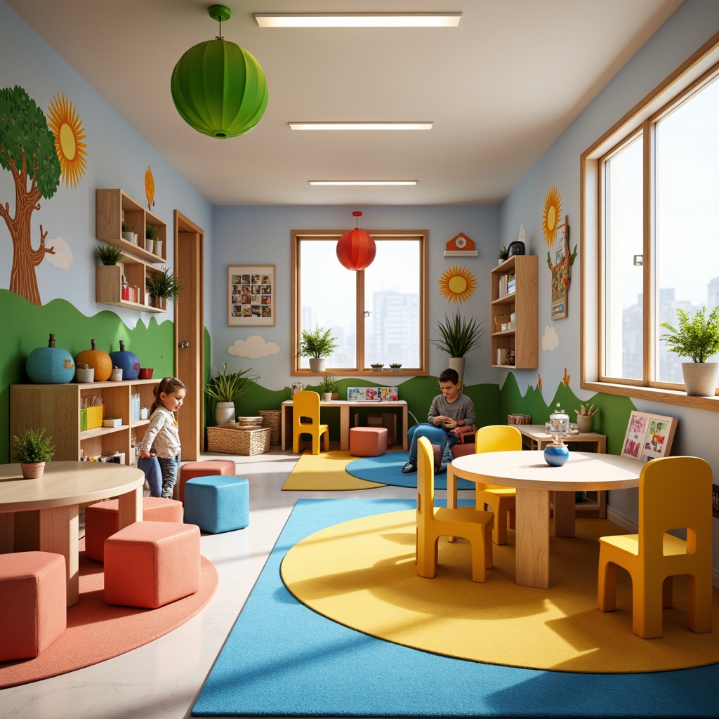 Prompt: Vibrant kindergarten interior, playful color scheme, bright primary colors, soft pastel hues, whimsical illustrations, educational wall decals, interactive play areas, cozy reading nooks, natural wood accents, colorful rug patterns, circular tables, tiny chairs, stimulating lighting, shallow depth of field, 1/1 composition, warm and inviting atmosphere.