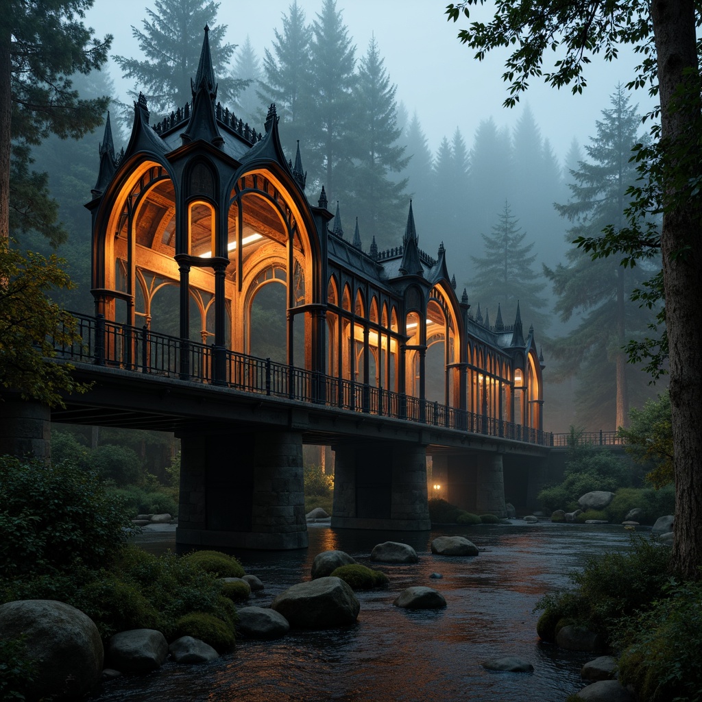 Prompt: Mysterious Gothic bridge, dark stone arches, ornate ironwork, misty foggy atmosphere, eerie twilight, warm golden lighting, rich brown wood accents, intricate carvings, pointed towers, grandiose architecture, weathered copper details, moss-covered stonework, mystical forest surroundings, serene river flowing beneath, soft focus, shallow depth of field, 1/2 composition, cinematic mood, dramatic shadows.