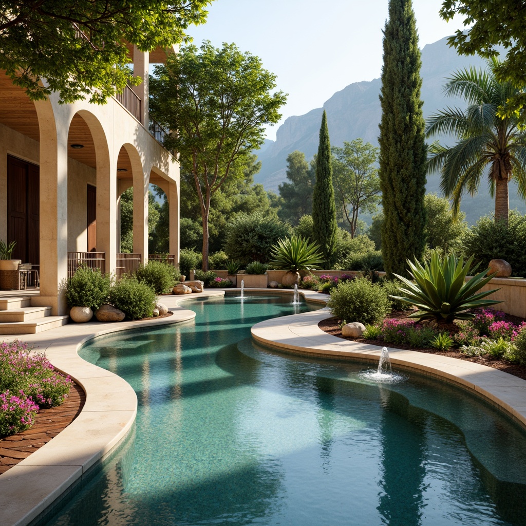 Prompt: Ancient Roman-inspired pool, natural stone coping, ornate fountains, lush greenery, vibrant flowers, Mediterranean plants, rustic wooden decking, warm beige stonework, curved archways, grand columns, soft warm lighting, shallow depth of field, 3/4 composition, panoramic view, realistic textures, ambient occlusion.