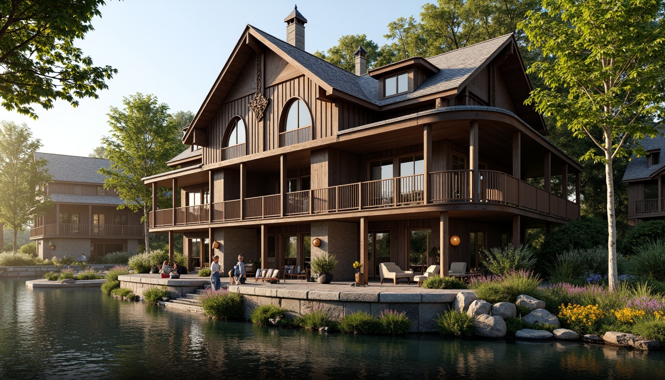 Prompt: Rustic boathouse, Renaissance-inspired facade, ornate wooden decorations, curved lines, grandiose entrance, stone foundation, water reflections, serene lake surroundings, lush greenery, vibrant flowers, soft warm lighting, shallow depth of field, 3/4 composition, panoramic view, realistic textures, ambient occlusion, distressed wood accents, vintage nautical elements, elegant balconies, ornate metal railings, classic lanterns, subtle color palette, earthy tones.