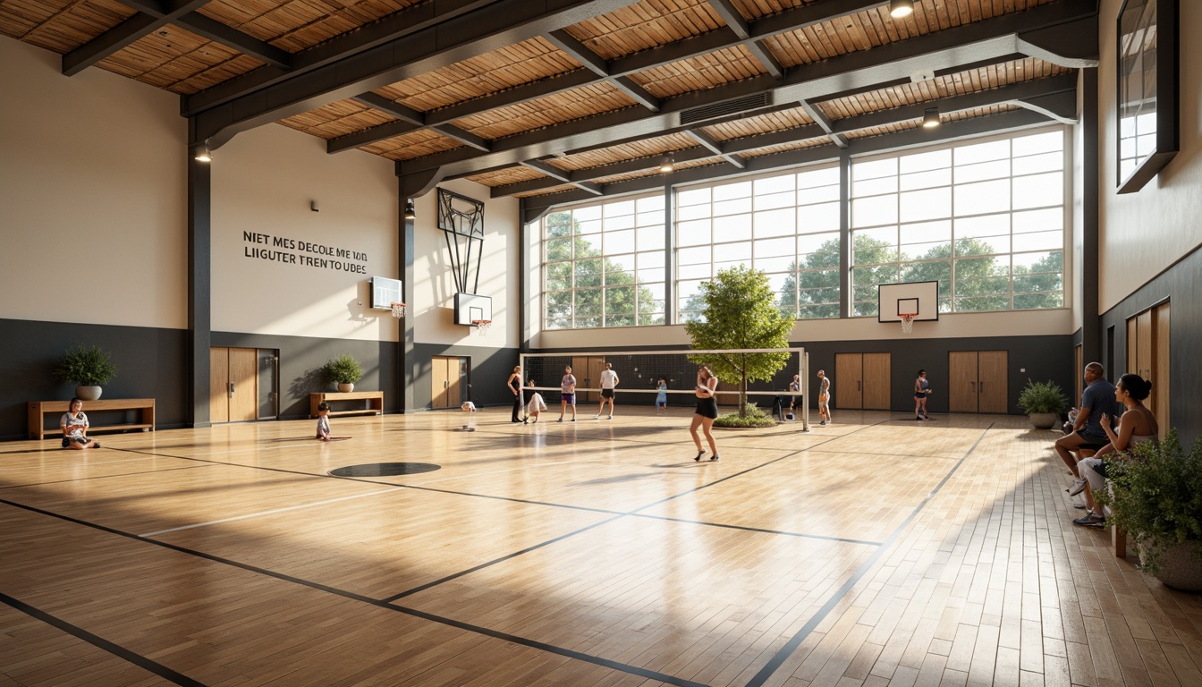 Prompt: Spacious gymnasium interior, high ceilings, natural light pouring in, polished wooden floors, athletic equipment, basketball hoops, volleyball nets, exercise machines, free weights, mirrored walls, motivational quotes, modern architecture, minimalist design, sleek lines, abundant ventilation, soft warm lighting, shallow depth of field, 3/4 composition, panoramic view, realistic textures, ambient occlusion.