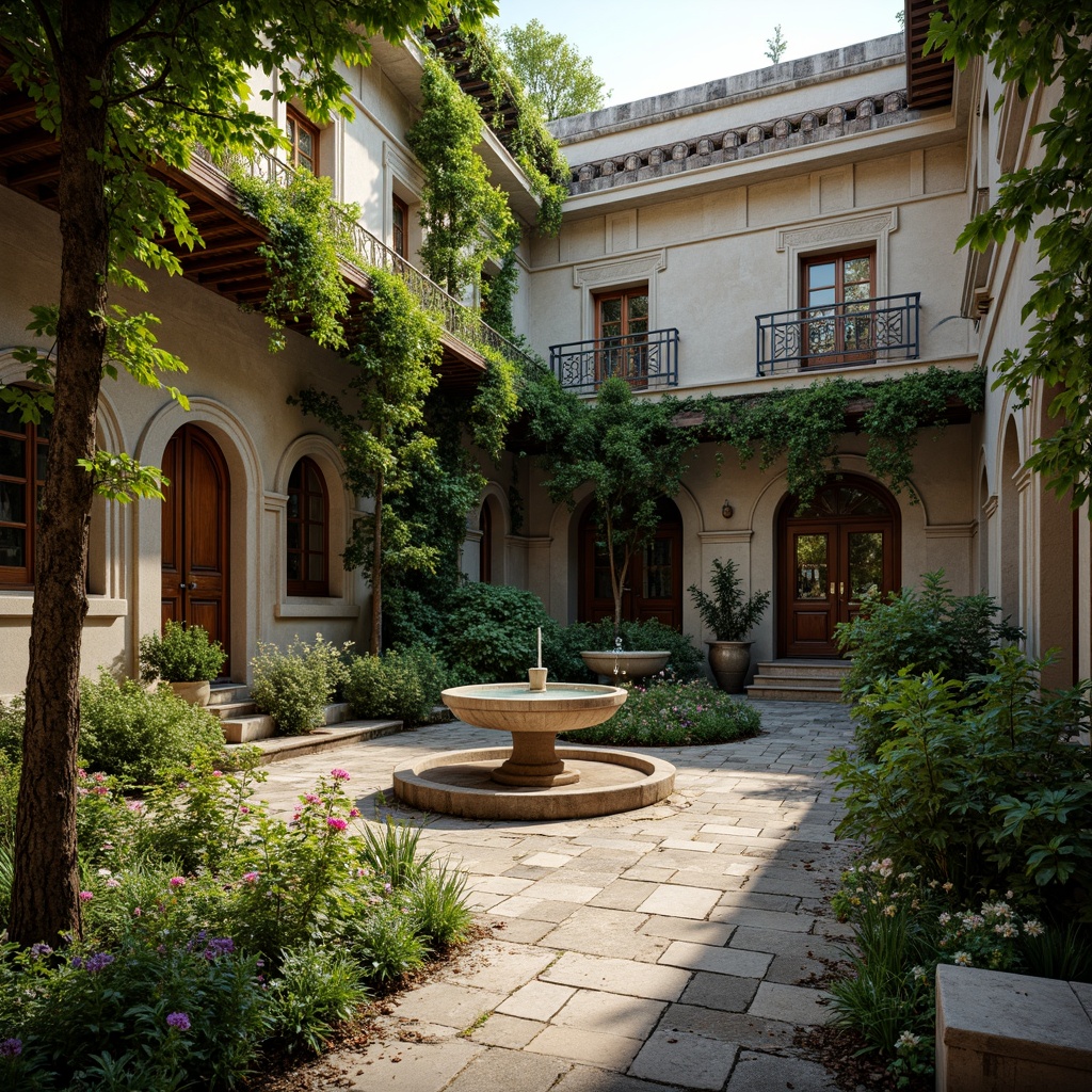 Prompt: Rustic courtyard, lush greenery, meandering stone pathways, ornate fountains, vibrant flowerbeds, climbing vines, ancient tree species, weathered stone walls, arched windows, heavy wooden doors, intricate carvings, warm earthy tones, soft diffused lighting, shallow depth of field, 2/3 composition, symmetrical framing, realistic textures, ambient occlusion.