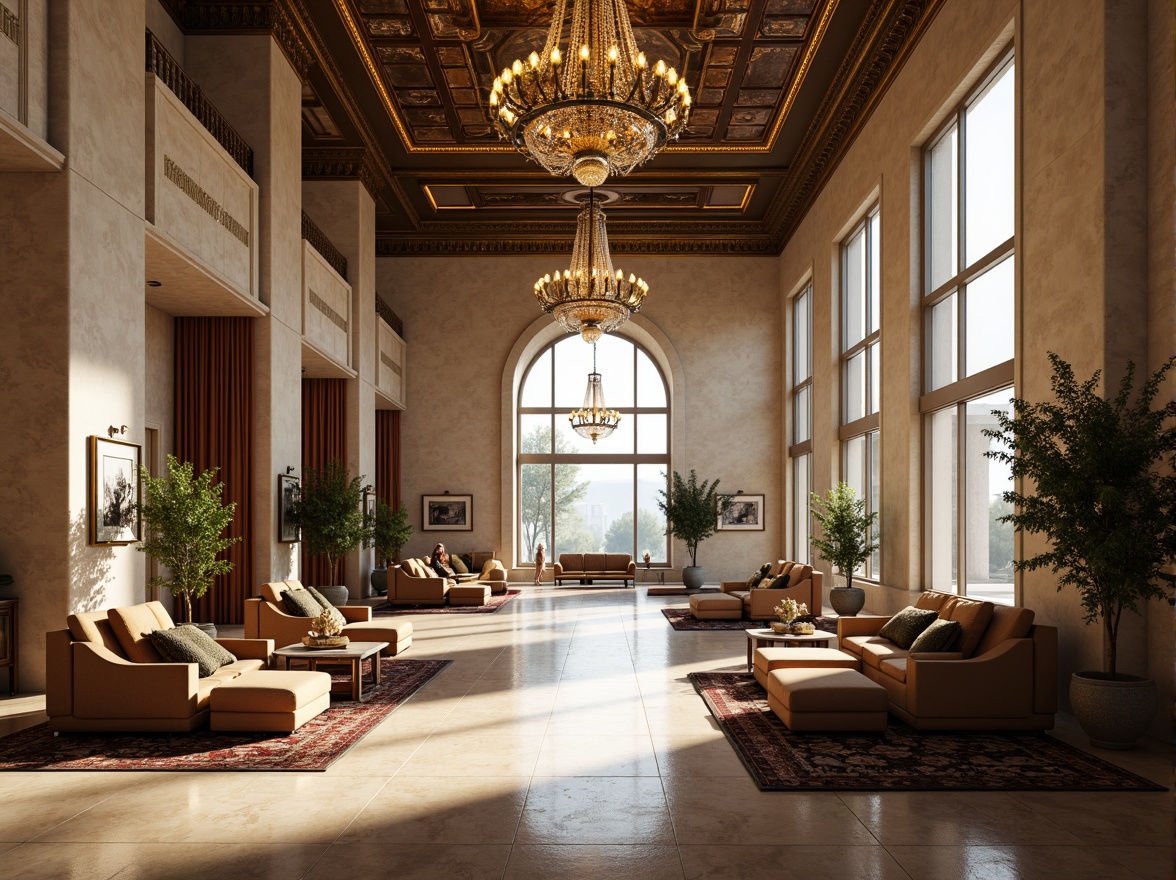 Prompt: Grand Byzantine hotel lobby, ornate chandeliers, marble floors, intricately patterned rugs, lavish furnishings, golden accents, high ceilings, large windows, natural light pouring in, warm ambiance, soft shadows, subtle color palette, elegant archways, refined columns, luxurious textiles, plush seating areas, tranquil atmosphere, morning sunlight, gentle glow, 1/1 composition, shallow depth of field, realistic textures, ambient occlusion.