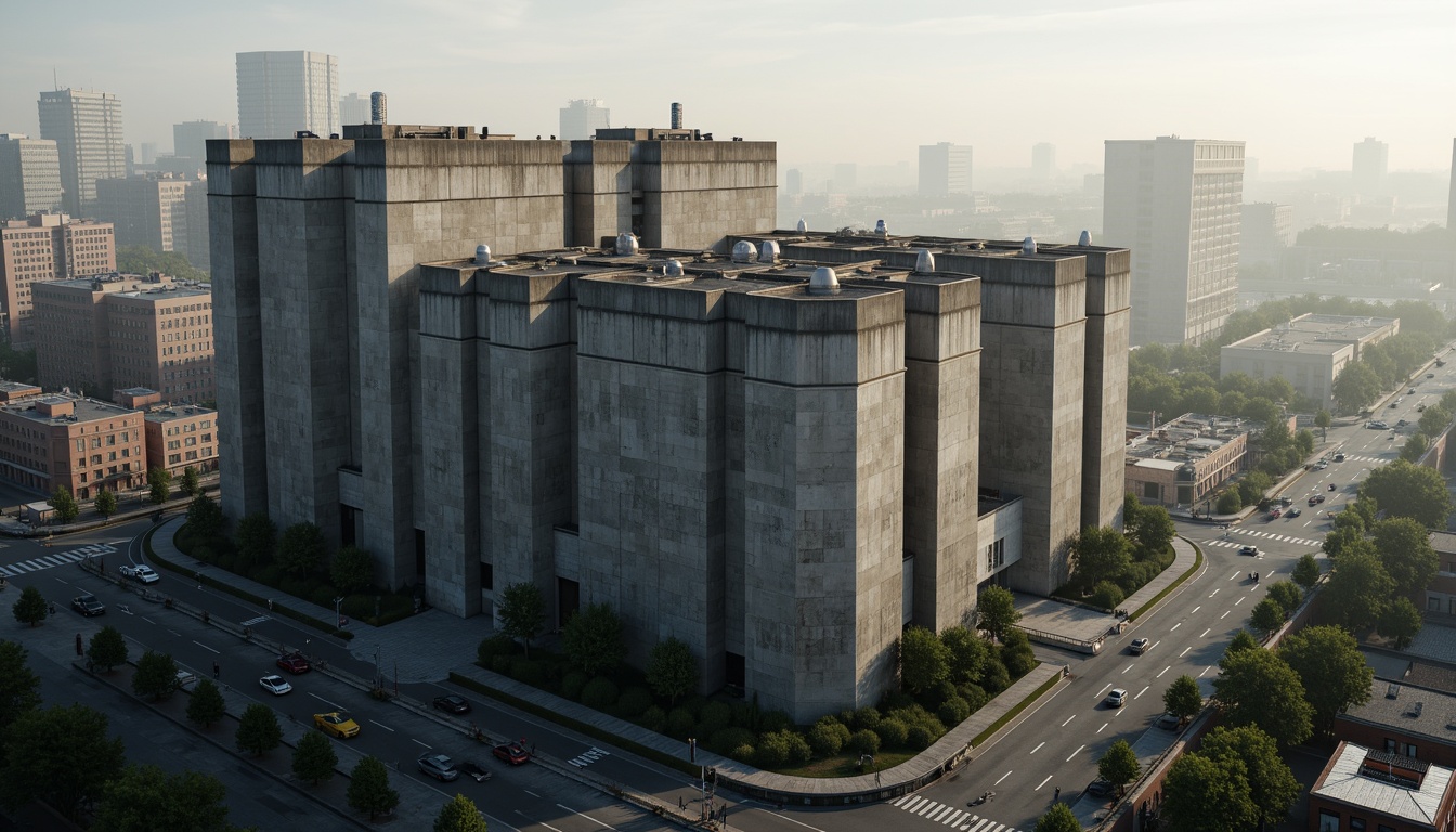 Prompt: Massive distribution center, brutalist architecture, rugged concrete walls, fortress-like structures, angular forms, geometric patterns, industrial materials, exposed ductwork, metallic beams, raw textures, urban landscape, busy streets, cityscape backdrop, dramatic lighting, high contrast shadows, cinematic composition, 1/2 framing, atmospheric fog, realistic rendering.