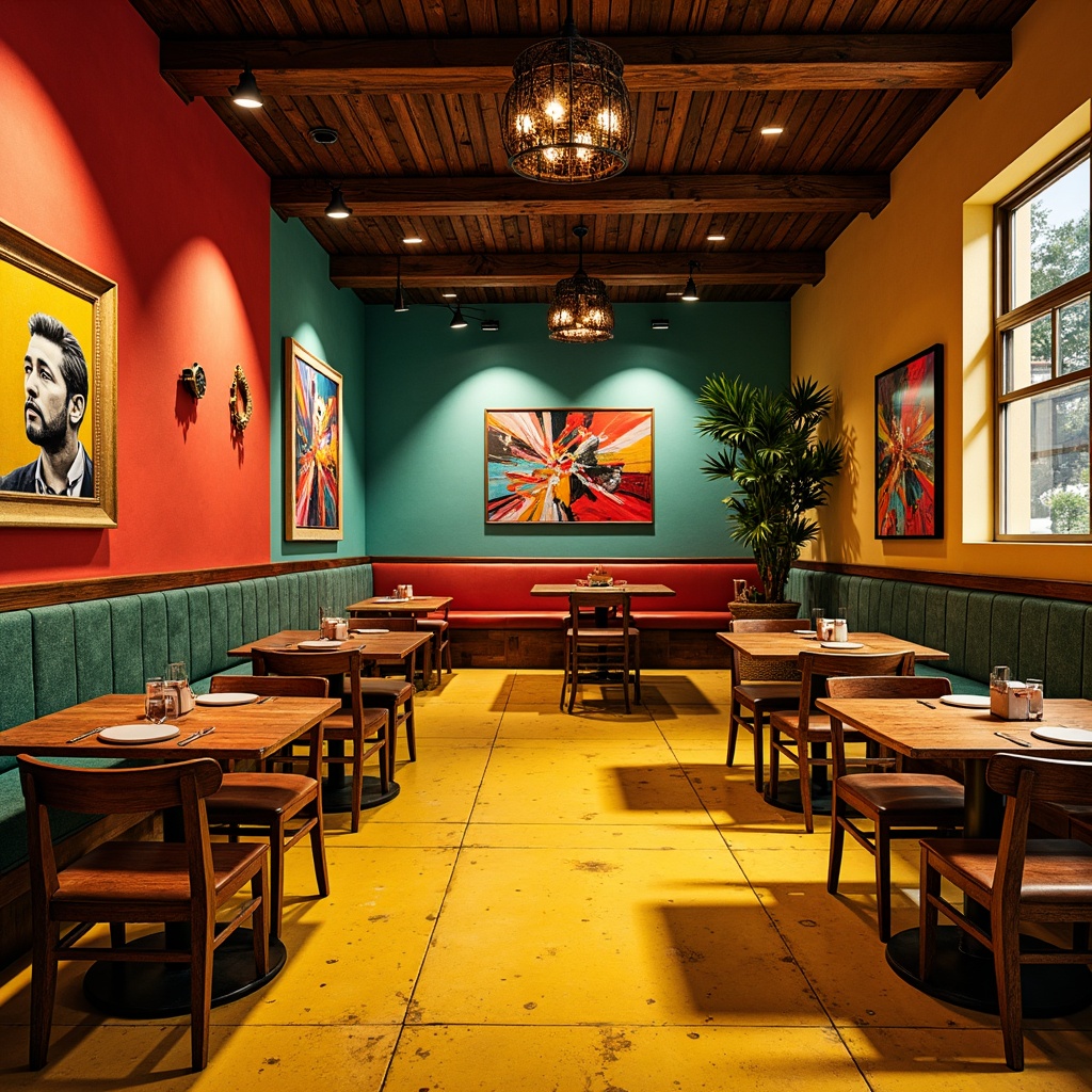 Prompt: Vibrant restaurant interior, expressionist art style, bold color palette, warm golden lighting, rich wood accents, eclectic furniture, abstract artwork, geometric patterns, bright coral walls, deep turquoise ceilings, sunny yellow floors, distressed metal decorations, reclaimed wood textures, industrial chic atmosphere, dramatic shadows, high contrast ratio, 1/2 composition, cinematic lighting, realistic reflections.