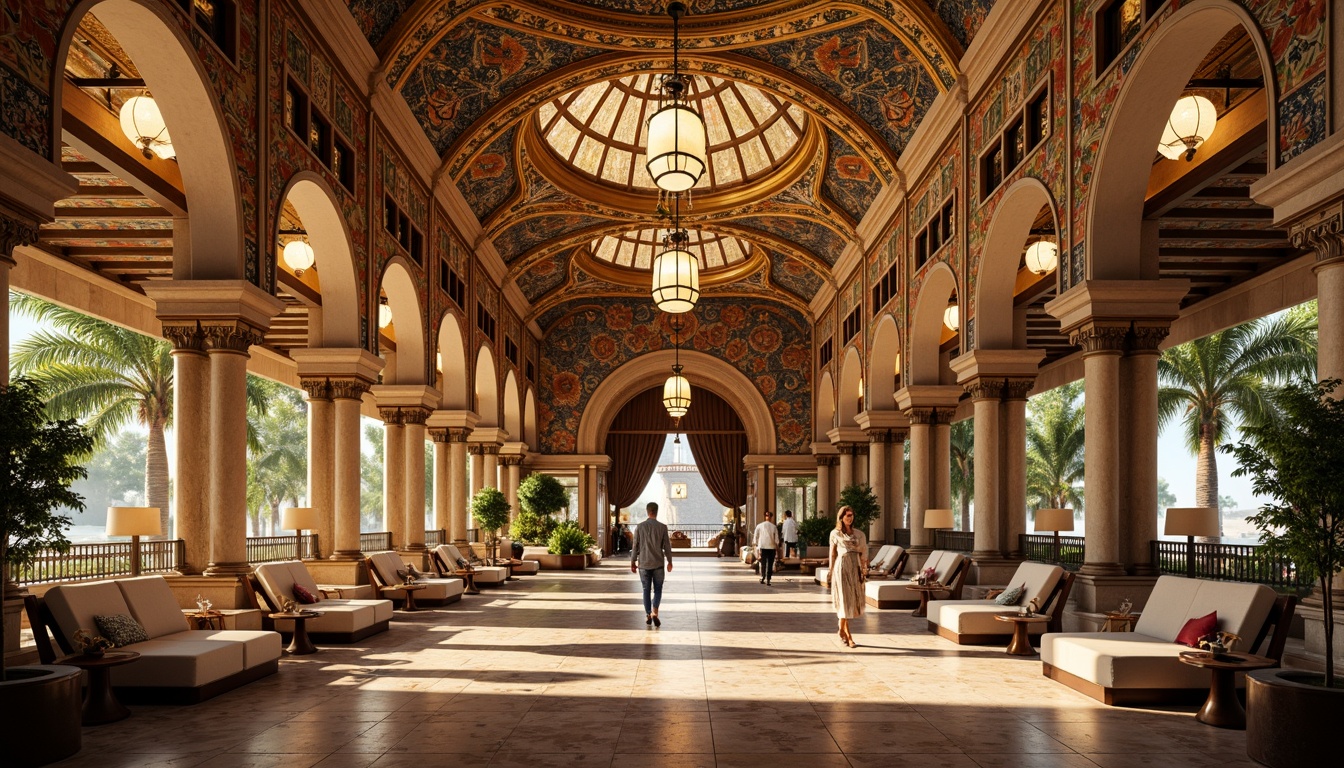 Prompt: Intricate mosaics, golden domes, ornate archways, lavish furnishings, rich tapestries, grand chandeliers, marble floors, intricate carvings, ornamental columns, luxurious textiles, vibrant colors, warm ambient lighting, shallow depth of field, 1/1 composition, realistic textures, ambient occlusion, opulent hotel lobbies, majestic ballrooms, elegant corridors, regal suites, lavish amenities, exotic gardens, serene courtyards, sunny Mediterranean days.