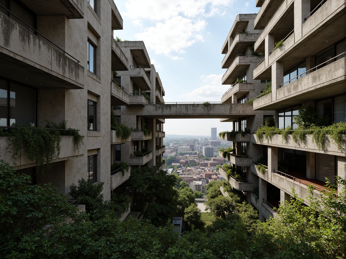 Prompt: Rugged brutalist buildings, raw concrete textures, fortress-like structures, overgrown vegetation, wildflowers, moss-covered walls, weathered steel beams, industrial materials, urban landscape integration, cityscape views, elevated walkways, cantilevered sections, dramatic shadows, harsh natural light, 1/1 composition, symmetrical framing, high-contrast colors, gritty realistic textures, ambient occlusion.