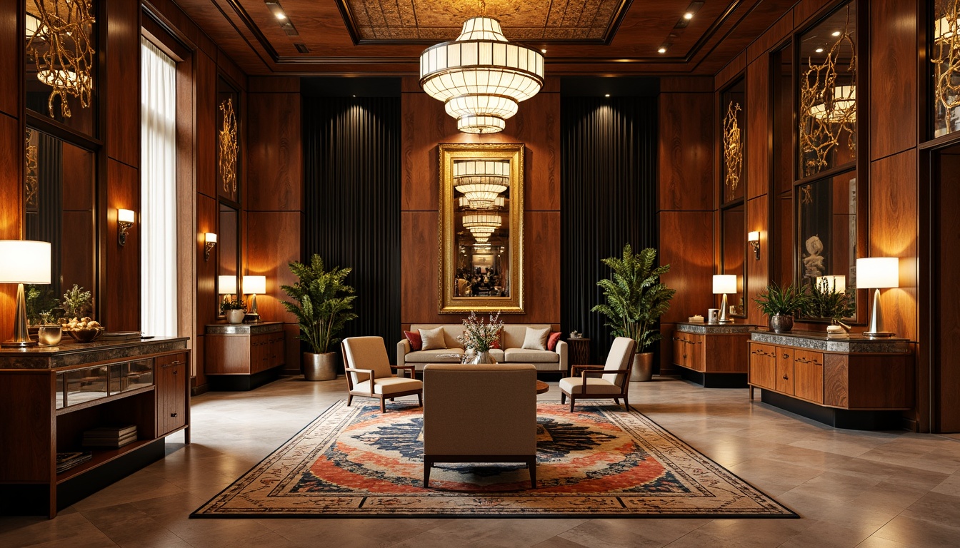 Prompt: Luxurious office interior, Art Deco style, metallic accents, geometric patterns, bold color schemes, high-gloss finishes, polished chrome fixtures, rich wood tones, marble countertops, ornate mirrors, statement lighting fixtures, luxurious textiles, velvet upholstery, geometric-shaped furniture, metallic leafing, opulent chandeliers, dramatic drapery, lavish rugs, sophisticated ambiance, warm golden lighting, shallow depth of field, 1/1 composition, realistic textures, ambient occlusion.