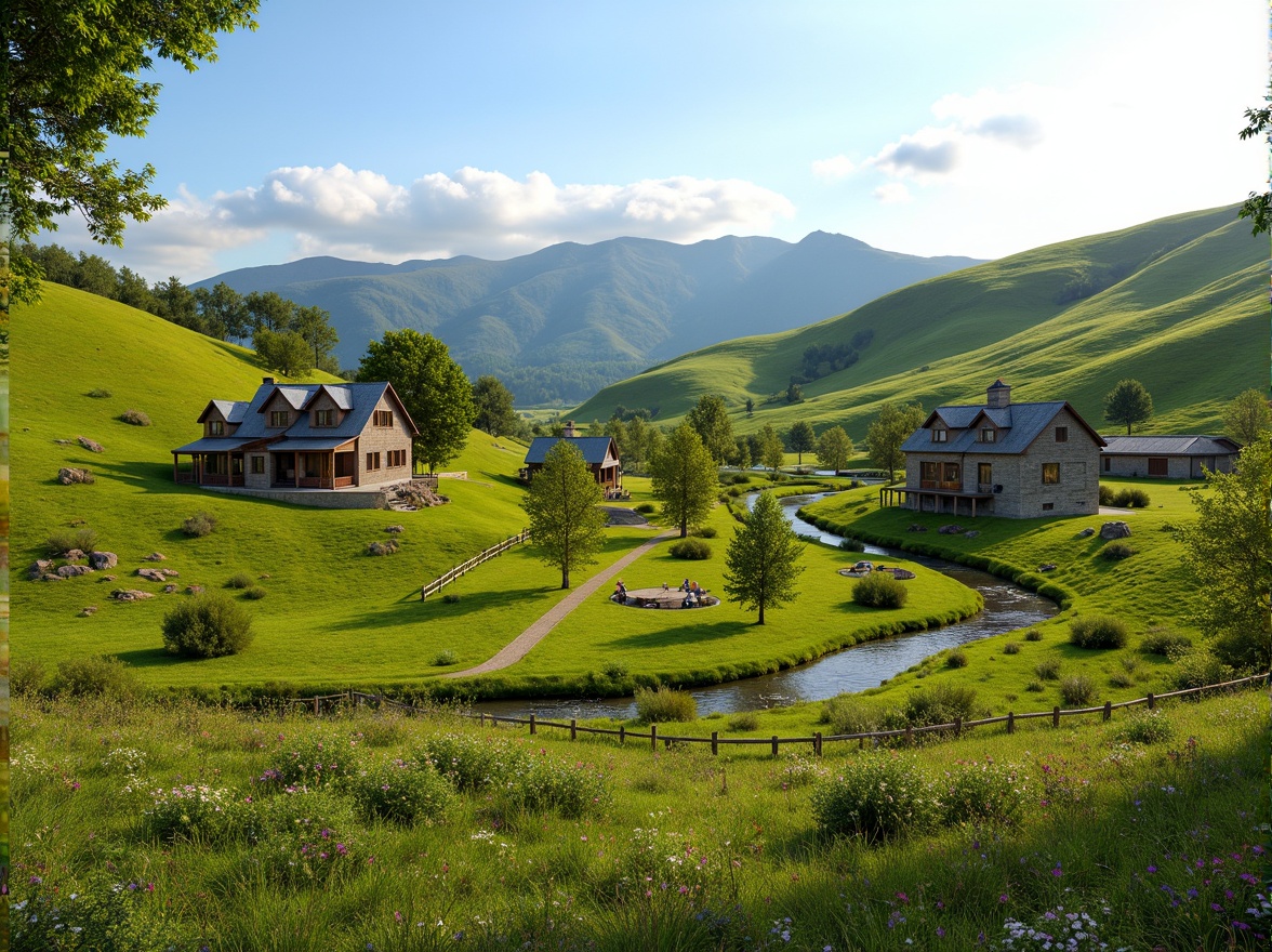 Prompt: Rolling hills, lush green pastures, rustic farmhouses, wooden fences, meandering streams, rural landscapes, traditional architecture, pitched roofs, natural stone walls, earthy tones, cozy porches, vintage agricultural equipment, blooming wildflowers, sunny afternoon, soft warm lighting, shallow depth of field, 3/4 composition, panoramic view, realistic textures, ambient occlusion.