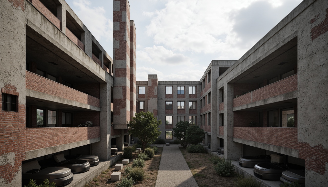 Prompt: Rough-hewn concrete walls, exposed ductwork, industrial metal beams, weathered steel surfaces, raw brick facades, rugged stone foundations, brutalist fortress-like structures, dramatic cantilevered roofs, angular geometric forms, monolithic monumental scale, harsh urban landscapes, overcast skies, diffused natural light, high-contrast shadows, gritty realistic textures, detailed normal maps, ambient occlusion.