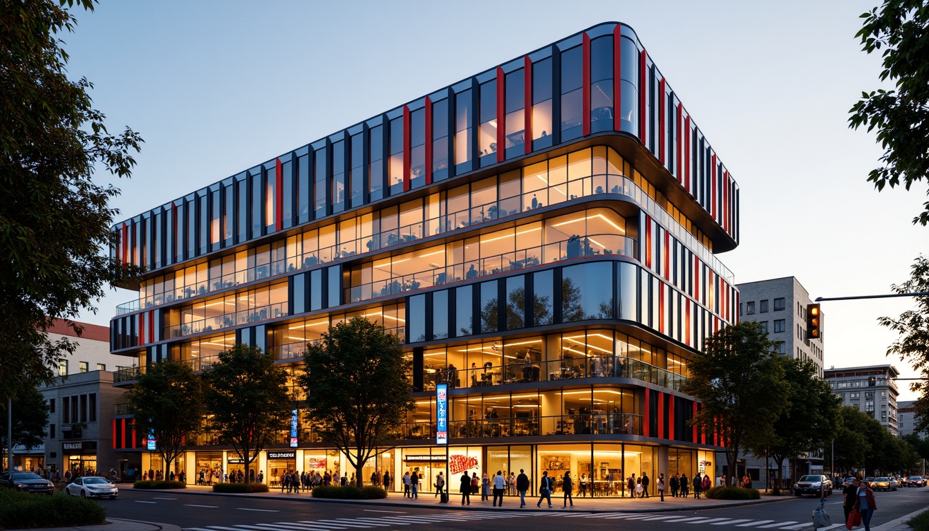 Prompt: Vibrant commercial building, bold color blocking, contrasting hues, dynamic visual flow, energetic atmosphere, modern architectural style, sleek glass fa\u00e7ade, metallic accents, neon signage, urban cityscape, bustling streets, pedestrian traffic, warm golden lighting, shallow depth of field, 1/1 composition, realistic textures, ambient occlusion.