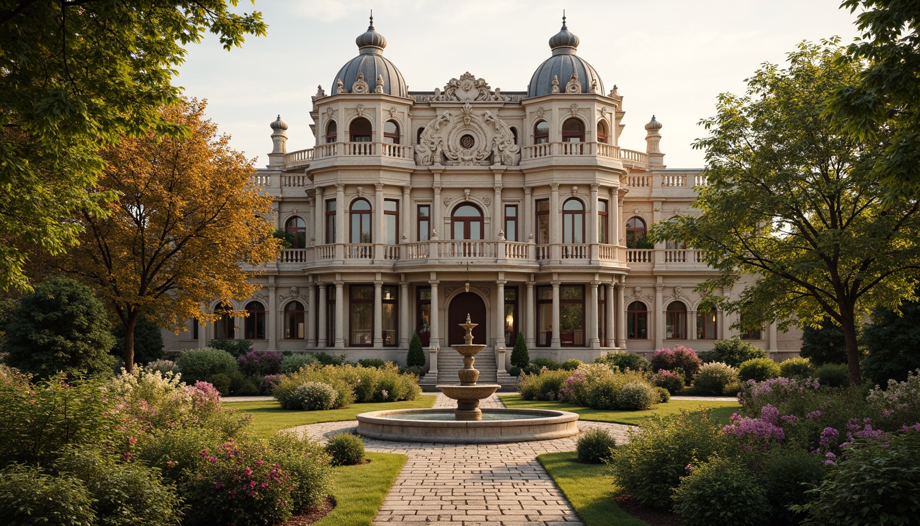 Prompt: Ornate Baroque-style mansion, grandiose facade, intricately carved stonework, lush greenery, vibrant flowers, meandering pathways, serene water features, ornamental fountains, statuesque decorations, rustic stone walls, majestic entrance gates, symmetrical composition, warm golden lighting, soft focus, 1/2 composition, atmospheric perspective, realistic textures, ambient occlusion.