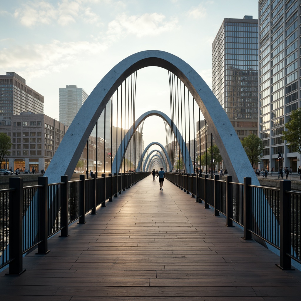 Prompt: Curved pedestrian bridge, steel arches, suspension cables, wooden decking, metal railings, lantern-style lighting, urban cityscape, morning mist, soft warm glow, shallow depth of field, 1/2 composition, symmetrical framing, realistic reflections, ambient occlusion, modern minimalist design, sleek lines, functional simplicity, accessible ramps, safety barriers, vibrant street art, eclectic urban textures.