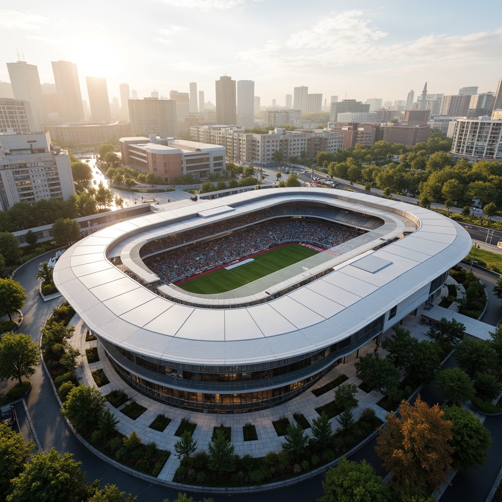 Prompt: Futuristic stadium architecture, sleek curved lines, aerodynamic shapes, metallic silver fa\u00e7ade, transparent glass roofs, cantilevered upper decks, lush greenery surroundings, natural stone walkways, vibrant flower arrangements, misty morning atmosphere, soft warm lighting, shallow depth of field, 3/4 composition, panoramic view, realistic textures, ambient occlusion, urban cityscape background, bustling streets, modern skyscrapers, dynamic movement blur effect.