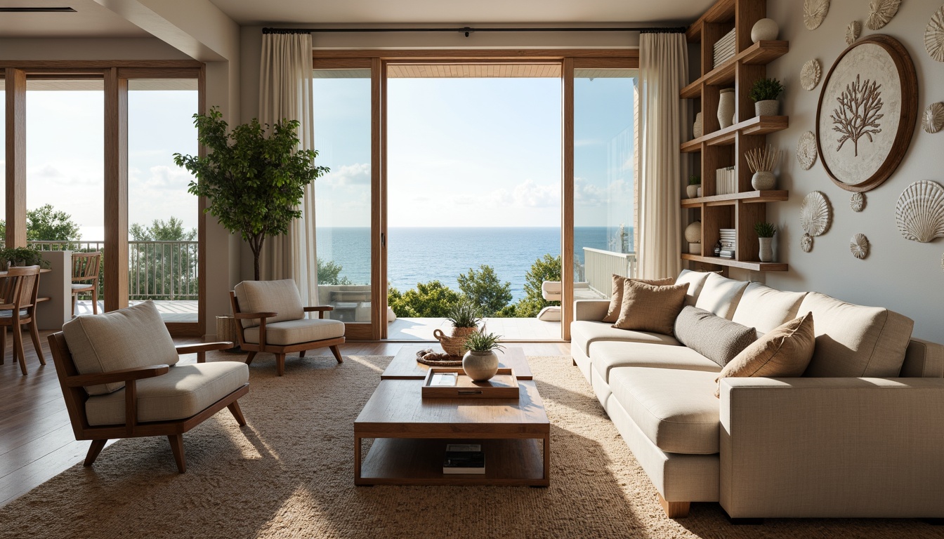 Prompt: Coastal living room, ocean-inspired color palette, driftwood accents, natural textiles, woven sea grass furniture, coral-patterned rugs, shell-adorned decorative walls, floor-to-ceiling windows, sliding glass doors, panoramic ocean views, soft warm lighting, beachy ambiance, minimalist decor, nautical-themed accessories, distressed wood flooring, plush sectional sofas, built-in shelving units, tropical plants, calming atmosphere, 1/1 composition, realistic reflections, ambient occlusion.