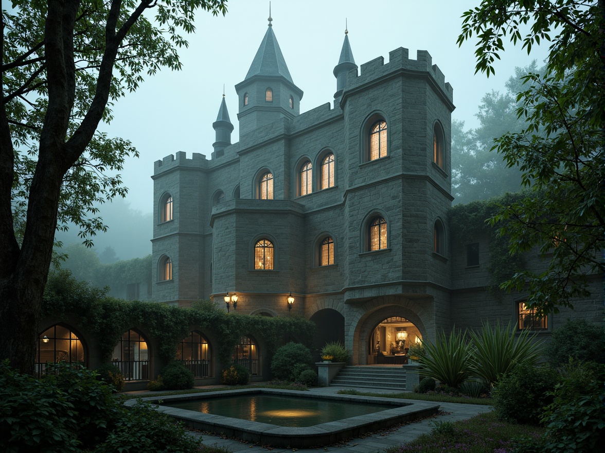 Prompt: Mysterious medieval castle, rugged stone walls, grandiose spires, stained glass windows, ornate gargoyles, lush greenery, overgrown vines, moss-covered stones, misty atmosphere, soft warm lighting, dramatic shadows, 3/4 composition, symmetrical framing, eerie ambiance, mystical fog, ancient trees, twisted branches, weathered wooden bridges, serene water features, reflective pools, Gothic arches, ribbed vaults, flying buttresses, intricate stone carvings.