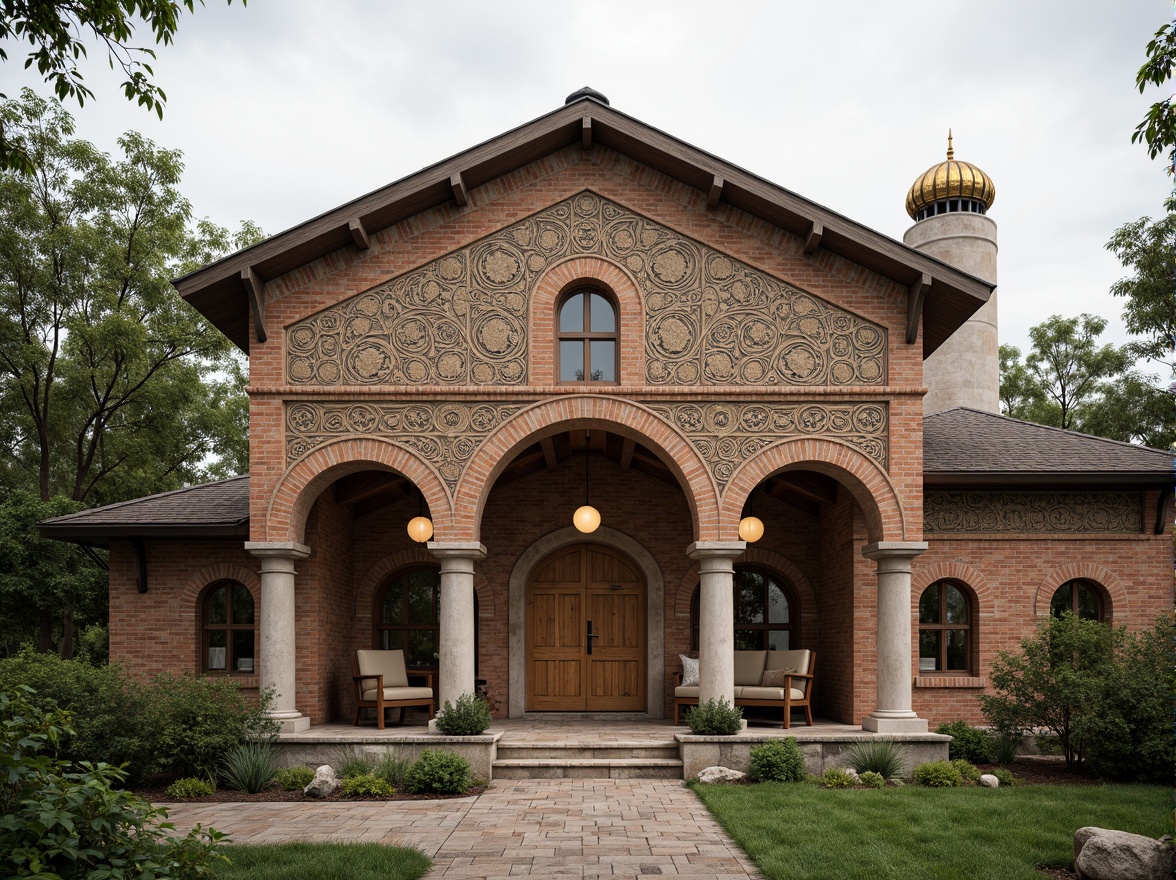 Prompt: Rustic barn facade, Byzantine-inspired architecture, ornate stone carvings, intricate mosaics, golden domes, grand archways, ornamental columns, weathered wooden accents, earthy color palette, natural stone textures, lush greenery, overcast sky, soft warm lighting, shallow depth of field, 1/1 composition, realistic render, ambient occlusion.