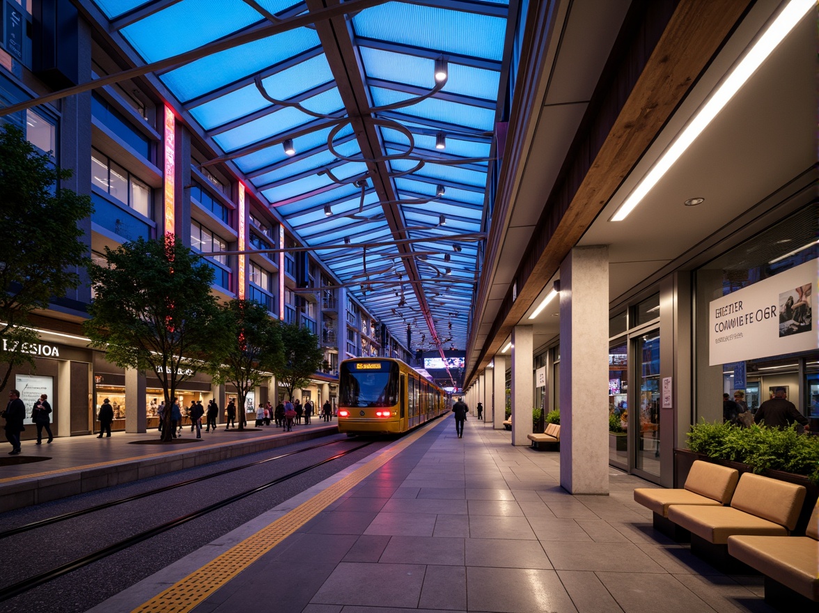 Prompt: Vibrant tram station, modern architecture, sleek metal beams, glass roofs, LED light installations, futuristic ambiance, dynamic color schemes, neon signs, urban cityscape, busy pedestrian traffic, rush hour atmosphere, soft warm lighting, shallow depth of field, 1/1 composition, realistic textures, ambient occlusion, suspended ceiling lights, linear fluorescent lamps, circular pendant lights, geometric patterned flooring, polished metal handrails, comfortable seating areas.