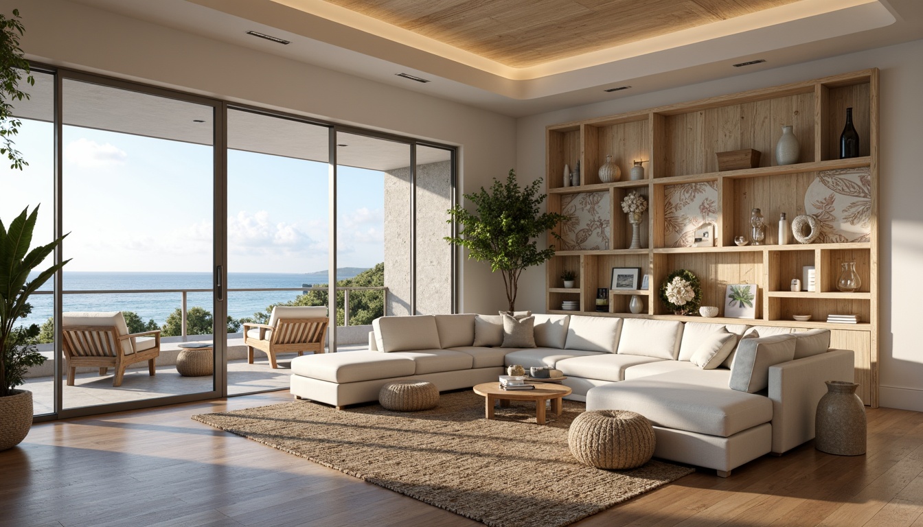 Prompt: Coastal living room, ocean-inspired color palette, driftwood accents, natural textiles, woven sea grass furniture, coral-patterned rugs, shell-adorned decorative walls, floor-to-ceiling windows, sliding glass doors, panoramic ocean views, soft warm lighting, beachy ambiance, minimalist decor, nautical-themed accessories, distressed wood flooring, plush sectional sofas, built-in shelving units, tropical plants, calming atmosphere, 1/1 composition, realistic reflections, ambient occlusion.