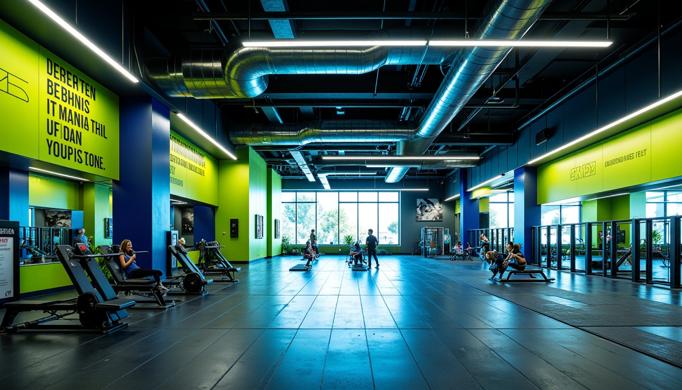 Prompt: Vibrant gym interior, bold color scheme, energetic atmosphere, neon green accents, deep blue tones, metallic silver equipment, industrial concrete floors, exposed ductwork ceilings, modern LED lighting, dynamic shadows, high-contrast textures, abstract geometric patterns, motivational quotes, futuristic architecture, sleek lines, minimalist design, state-of-the-art fitness machines, free weights area, mirrored walls, rubber flooring, athletic tracks, panoramic windows, natural daylight, soft warm glow, shallow depth of field, 3/4 composition.