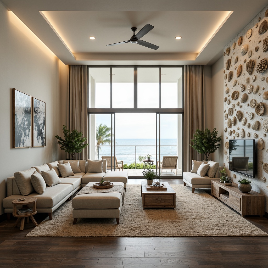 Prompt: Coastal living room, ocean-inspired color palette, driftwood accents, natural textiles, woven sea grass furniture, coral-patterned rugs, shell-adorned decorative walls, floor-to-ceiling windows, sliding glass doors, panoramic ocean views, soft warm lighting, beachy ambiance, minimalist decor, nautical-themed accessories, distressed wood flooring, plush sectional sofas, built-in shelving units, tropical plants, calming atmosphere, 1/1 composition, realistic reflections, ambient occlusion.