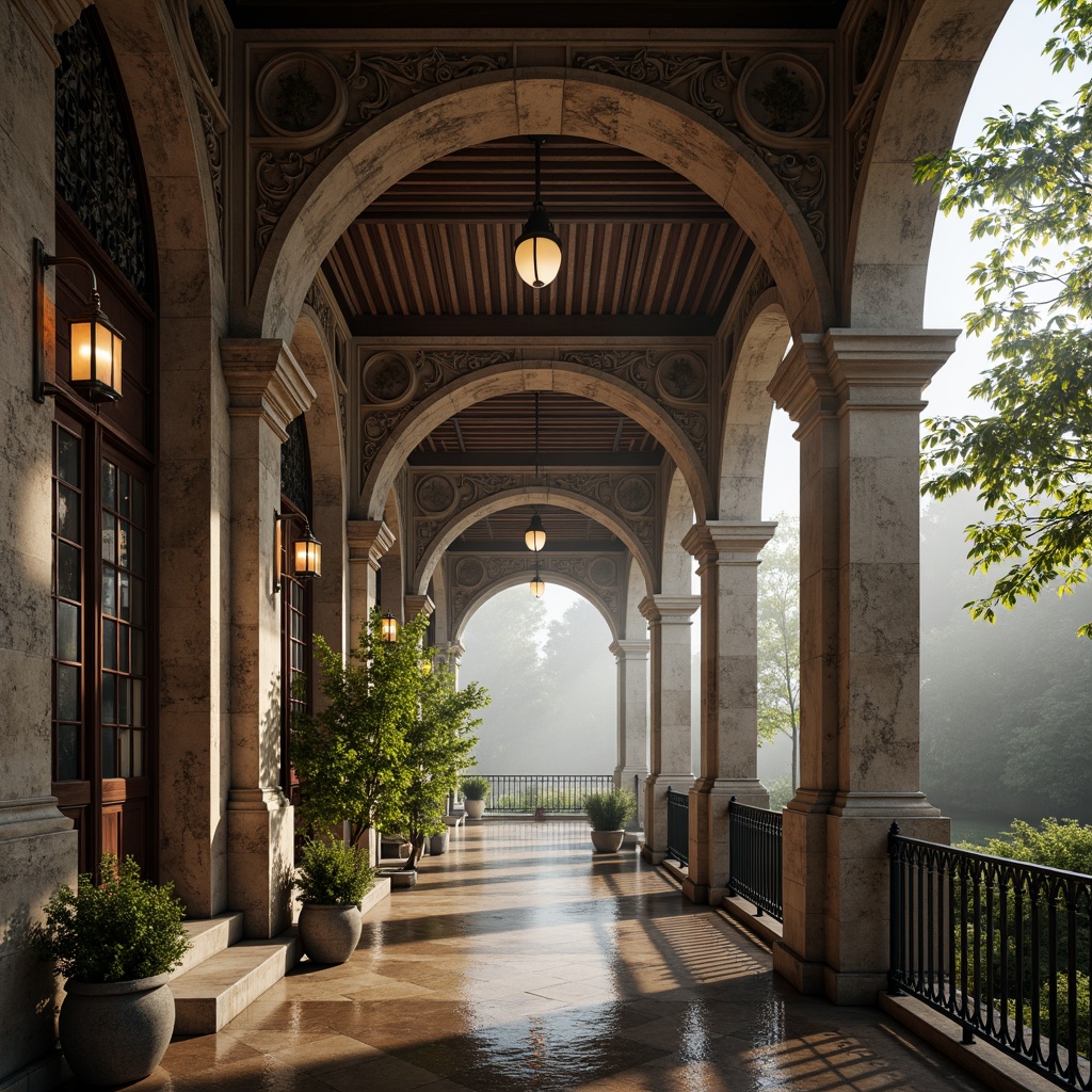 Prompt: Intricate stone carvings, ornate metal railings, grandiose arches, majestic columns, rustic stonework, weathered copper accents, lavish lanterns, dramatic water reflections, misty morning atmosphere, soft warm lighting, shallow depth of field, 1/2 composition, symmetrical framing, realistic textures, ambient occlusion.