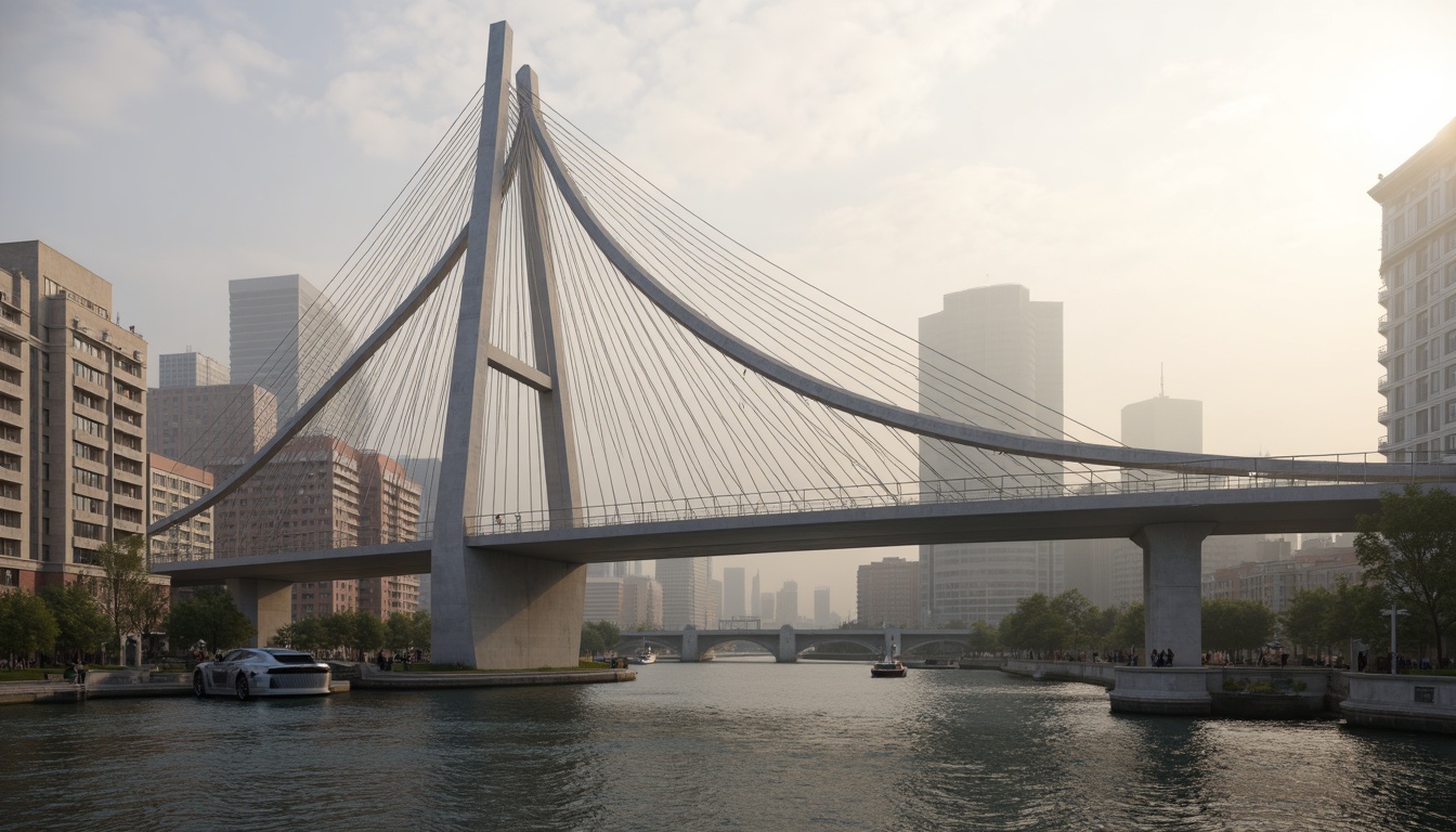 Prompt: Futuristic bridge, sleek metal arches, suspension cables, modern fusion architecture, dynamic curves, cantilevered sections, urban cityscape, misty morning atmosphere, soft warm lighting, shallow depth of field, 3/4 composition, panoramic view, realistic textures, ambient occlusion, steel beams, reinforced concrete pillars, innovative materials, sustainable construction methods, pedestrian walkways, scenic viewpoints, water reflections, rippling waves, surrounding skyscrapers.