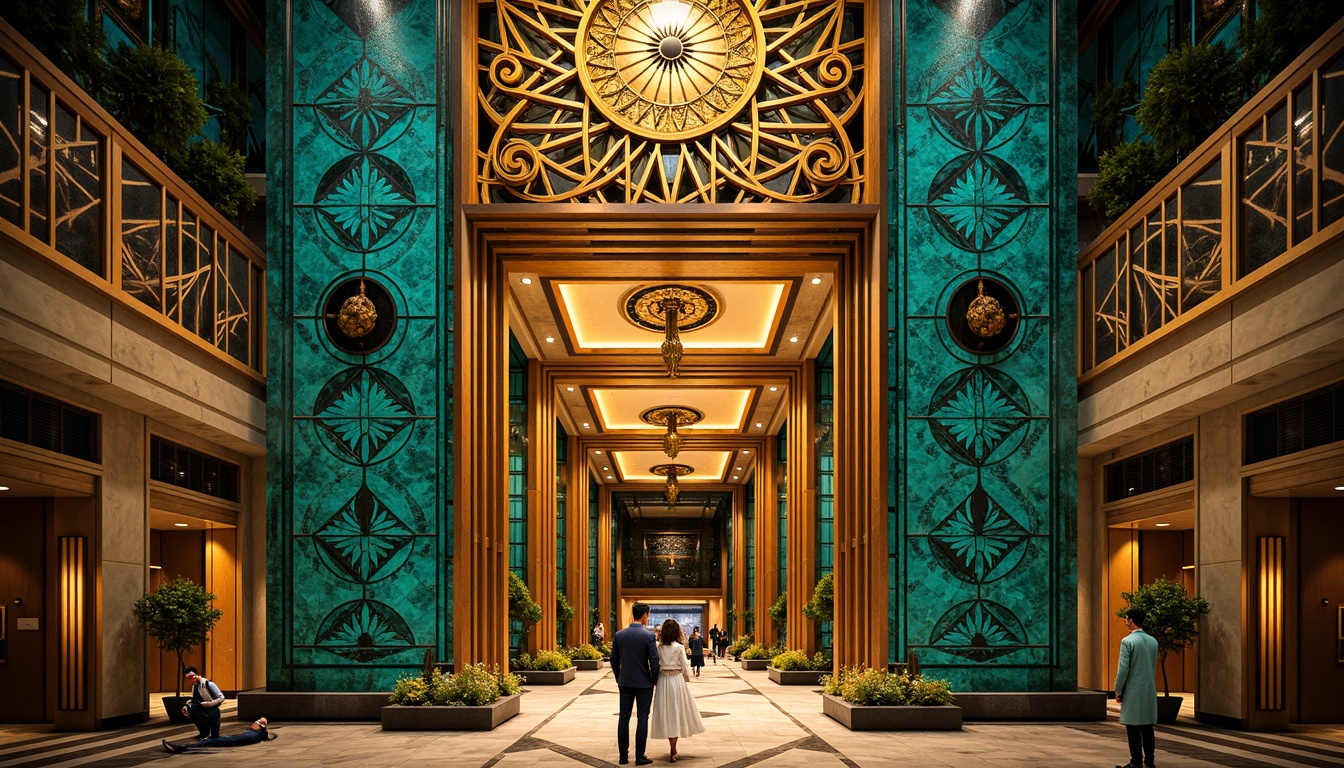 Prompt: Opulent Art Deco monument, lavish golden accents, rich bronze tones, vibrant turquoise mosaics, geometric patterns, ornate metalwork, luxurious marble surfaces, bold black outlines, stylized floral motifs, sunburst designs, zigzag patterns, metallic sheen, warm ambient lighting, shallow depth of field, 1/1 composition, symmetrical framing, high-contrast colors, intricate textures, realistic reflections.