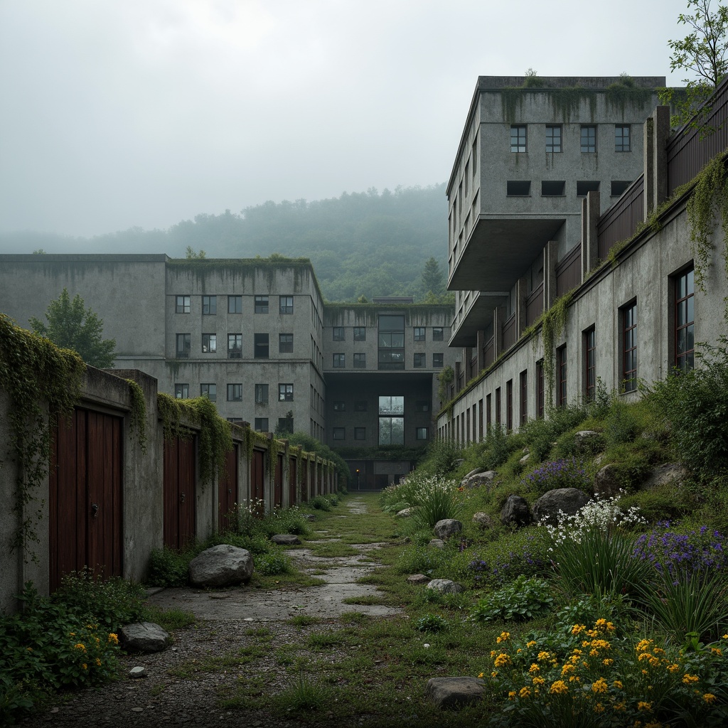 Prompt: Rugged brutalist architecture, raw concrete textures, fortress-like structures, overgrown vegetation, wildflowers, moss-covered walls, industrial landscapes, abandoned factories, rusty machinery, distressed metal accents, urban decay, gritty atmosphere, dramatic lighting, high contrast shadows, cinematic composition, atmospheric fog, misty mornings, eerie silence, desolate surroundings, fragmented rocks, weathered wood, reclaimed materials, post-apocalyptic ambiance.