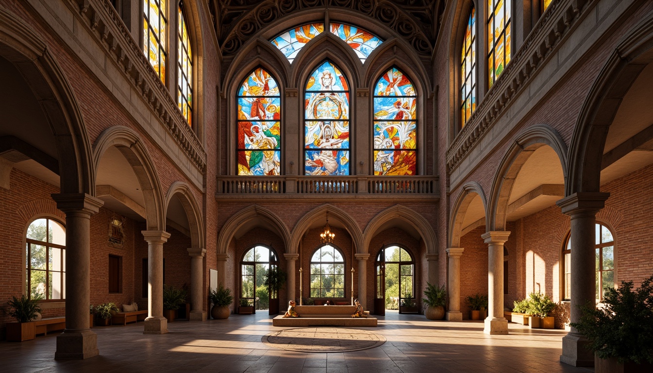 Prompt: Ornate Romanesque building, grand stone fa\u00e7ade, intricately carved arches, vibrant stained glass windows, ornamental columns, rustic brick walls, medieval-inspired design, pointed arches, ribbed vaults, clerestory windows, warm golden lighting, soft diffused shadows, 1/1 composition, symmetrical framing, realistic textures, ambient occlusion.