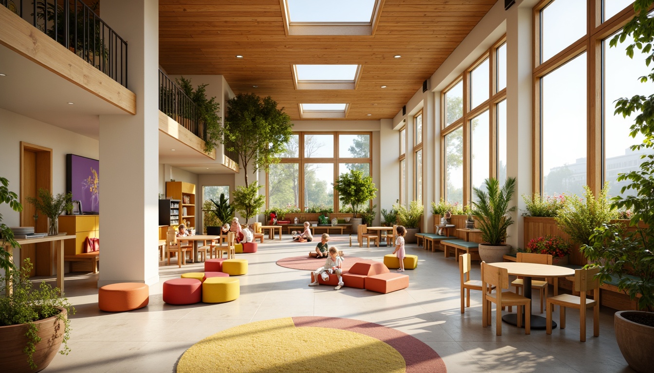 Prompt: Vibrant kindergarten, playful atmosphere, natural lighting, large windows, skylights, clerestory windows, soft warm glow, gentle shadows, colorful furniture, educational decorations, interactive play areas, reading nooks, cozy corners, wooden accents, earthy tones, organic shapes, whimsical patterns, stimulating textures, 1/1 composition, shallow depth of field, realistic rendering.