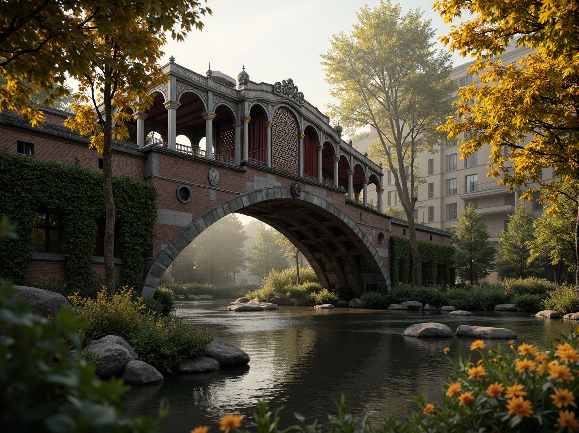 Prompt: Ornate Baroque bridge, rich jewel-toned color palette, warm golden lighting, intricate stone carvings, ornamental metalwork, majestic arches, rustic stonework, moss-covered walls, serene river waters, lush greenery, vibrant flowers, soft misty atmosphere, shallow depth of field, 1/1 composition, realistic textures, ambient occlusion.