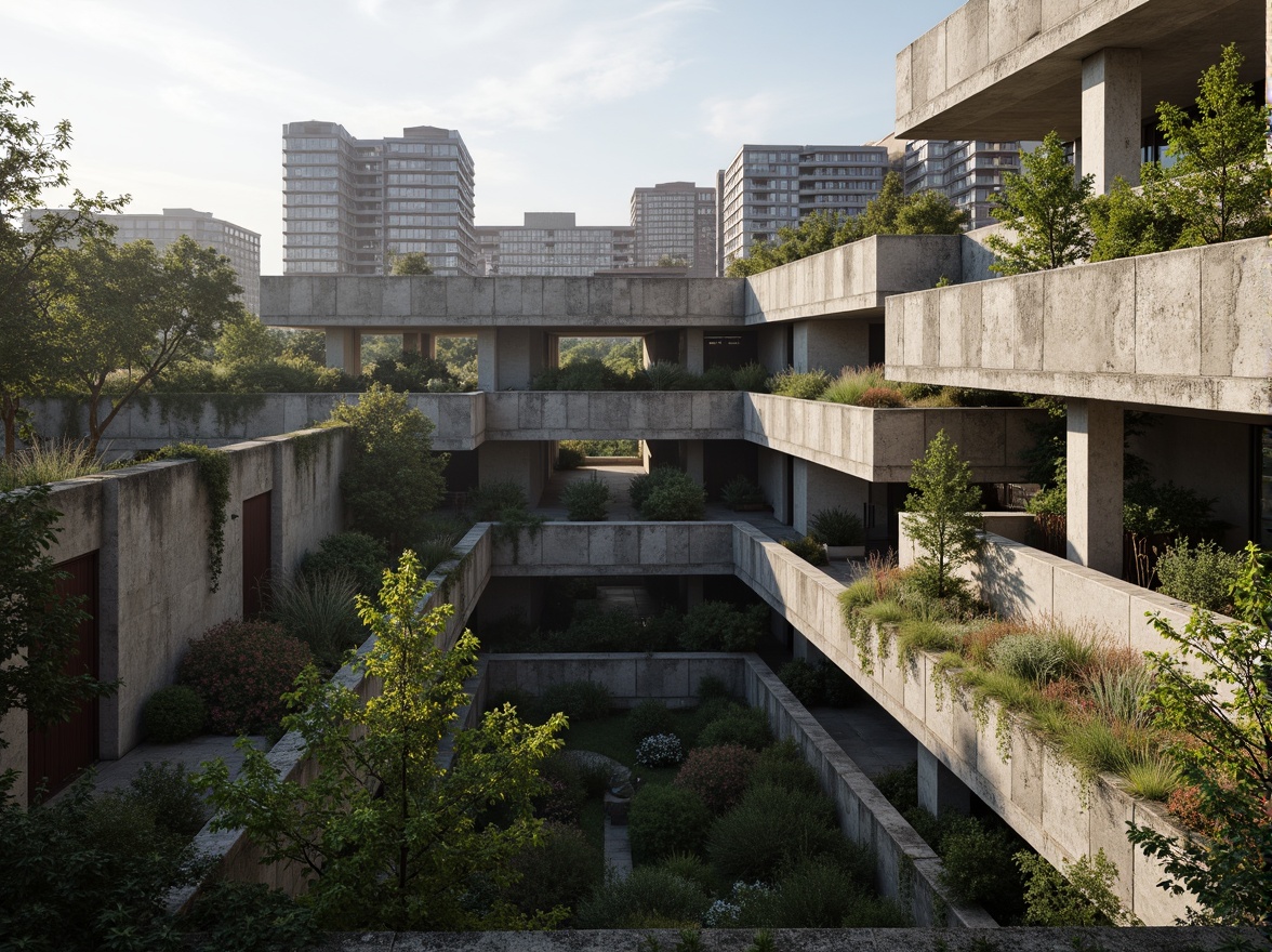 Prompt: Rugged brutalist buildings, raw concrete textures, fortress-like structures, overgrown vegetation, wildflowers, moss-covered walls, weathered steel beams, industrial materials, urban landscape integration, cityscape views, elevated walkways, cantilevered sections, dramatic shadows, harsh natural light, 1/1 composition, symmetrical framing, high-contrast lighting, gritty realistic textures, ambient occlusion.