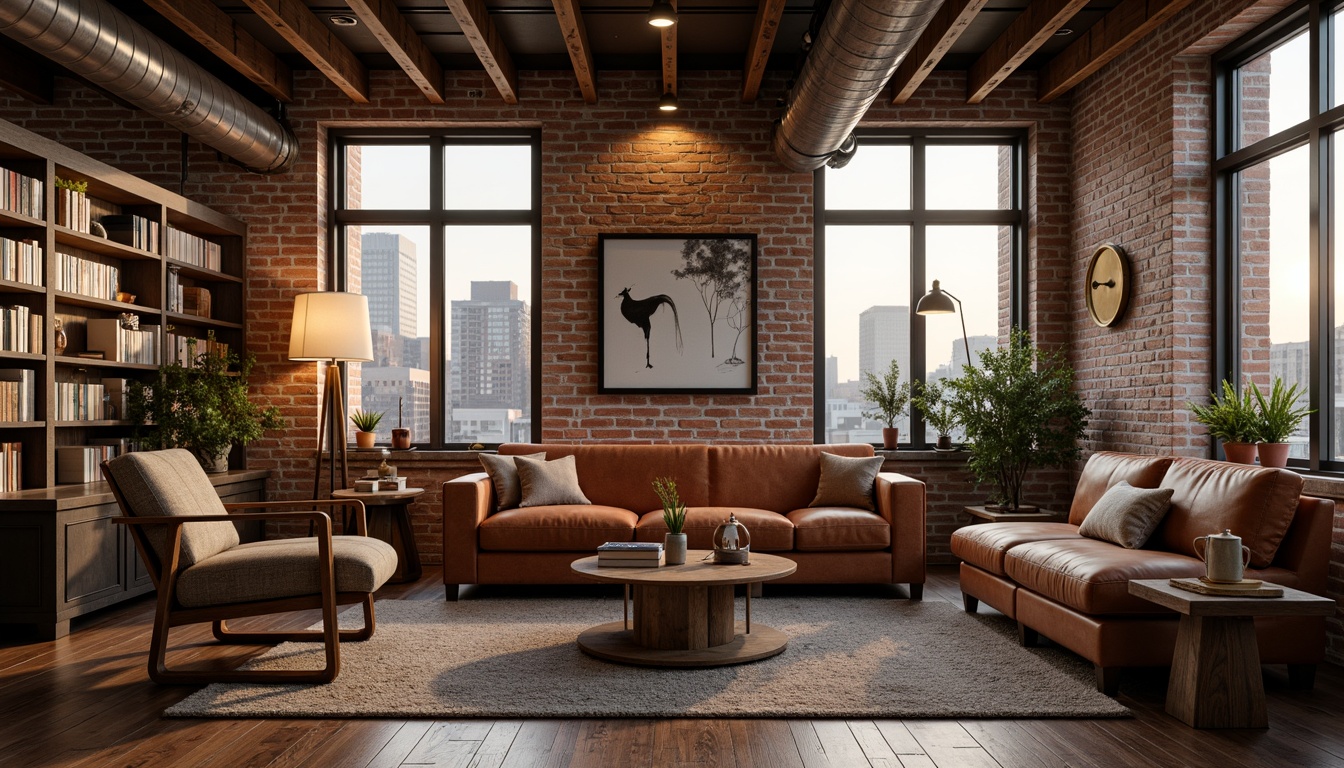 Prompt: Exposed brick walls, wooden beam ceilings, industrial metal pipes, reclaimed wood floors, vintage decorative items, soft warm lighting, cozy reading nooks, plush velvet sofas, distressed leather armchairs, eclectic art collections, floor-to-ceiling windows, cityscape views, minimalist decor, rustic-chic accents, natural textiles, earthy color palette, intimate ambiance, 1/1 composition, shallow depth of field, warm golden hour lighting, soft focus effect.