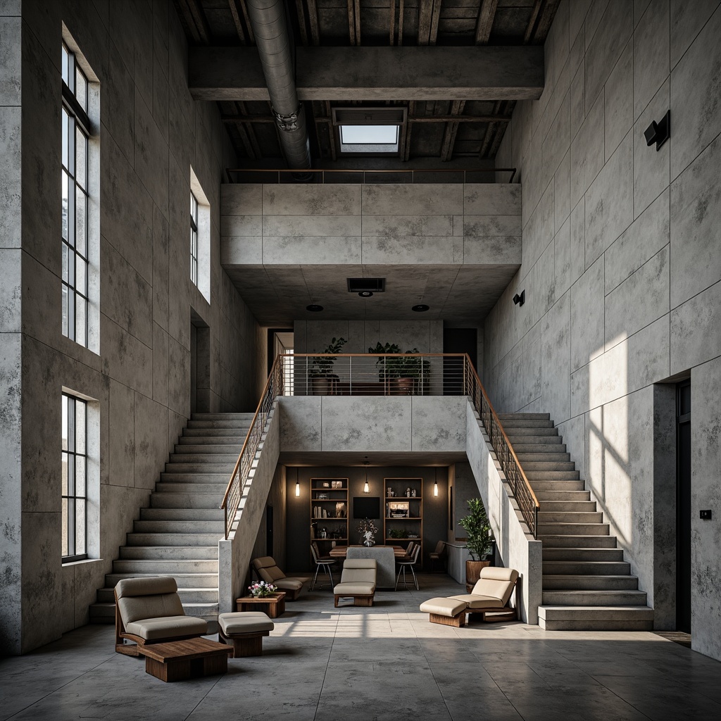 Prompt: Raw concrete walls, rugged textures, brutalist architecture, urban apartment building, industrial chic aesthetic, minimalist decor, functional simplicity, exposed ductwork, steel beams, industrial-style lighting, metal railings, raw wood accents, monochromatic color scheme, dramatic shadows, high-contrast lighting, cinematic composition, 1/2 camera angle, gritty realistic textures, ambient occlusion.