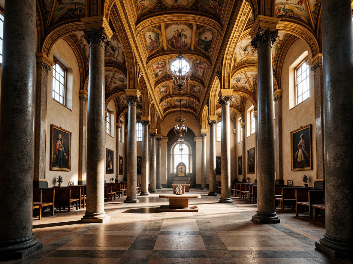 Prompt: Majestic Byzantine church, ornate columns, intricately carved capitals, golden mosaics, vaulted ceilings, grand arches, marble floors, ornamental frescoes, sacred icons, mystical ambiance, soft warm lighting, shallow depth of field, 3/4 composition, panoramic view, realistic textures, ambient occlusion.