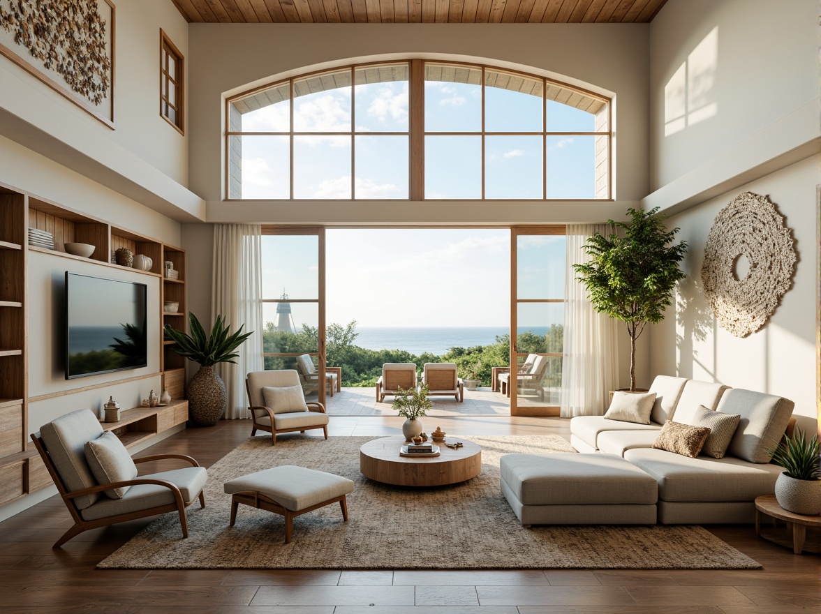 Prompt: Coastal living room, ocean-inspired color palette, driftwood accents, natural textiles, woven sea grass furniture, coral-patterned rugs, shell-adorned decorative walls, floor-to-ceiling windows, sliding glass doors, panoramic ocean views, soft warm lighting, beachy ambiance, minimalist decor, nautical-themed accessories, distressed wood flooring, plush sectional sofas, built-in shelving units, tropical plants, calming atmosphere, 1/1 composition, realistic reflections, ambient occlusion.