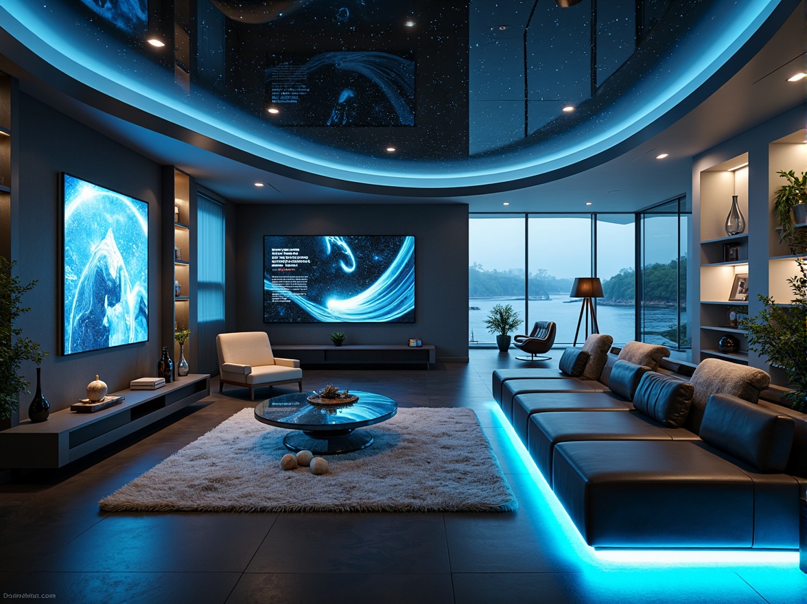 Prompt: Futuristic living room, sleek metallic walls, minimalist decor, curved lines, holographic displays, ambient lighting, smart home systems, automated furniture, hidden storage compartments, levitating shelves, transparent glass tables, neon-lit floors, virtual reality zones, 3D-printed decorative elements, high-tech gadgets, futuristic sculptures, abstract artwork, soft glowing accents, shallow depth of field, 1/1 composition, panoramic view, realistic textures, ambient occlusion.