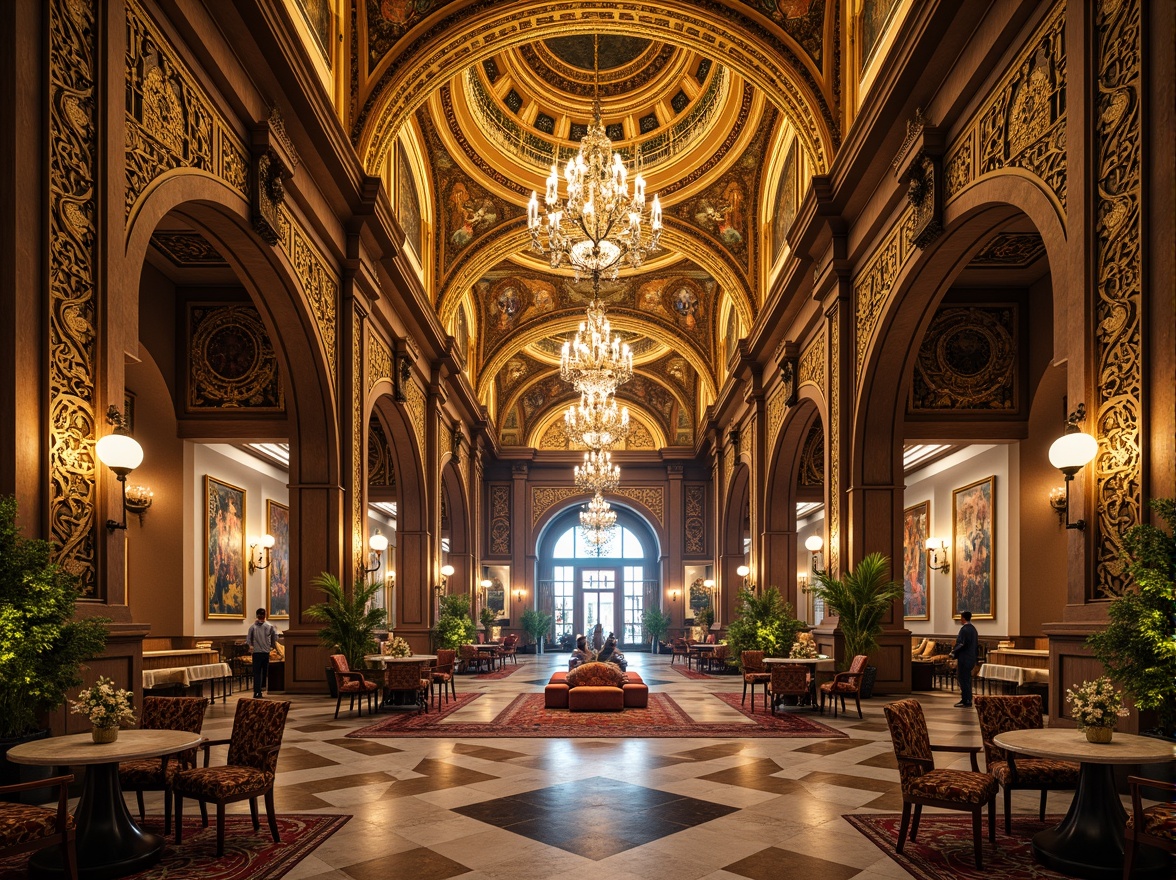 Prompt: Intricate mosaics, golden domes, ornate archways, lavish furnishings, rich tapestries, grand chandeliers, marble floors, intricate carvings, ornamental columns, luxurious textiles, vibrant jewel tones, warm ambient lighting, shallow depth of field, 1/2 composition, symmetrical framing, realistic reflections, ambient occlusion, opulent hotel lobbies, majestic ballrooms, regal suites, lavish dining halls, grand staircases, ornate balconies, Byzantine-inspired patterns.