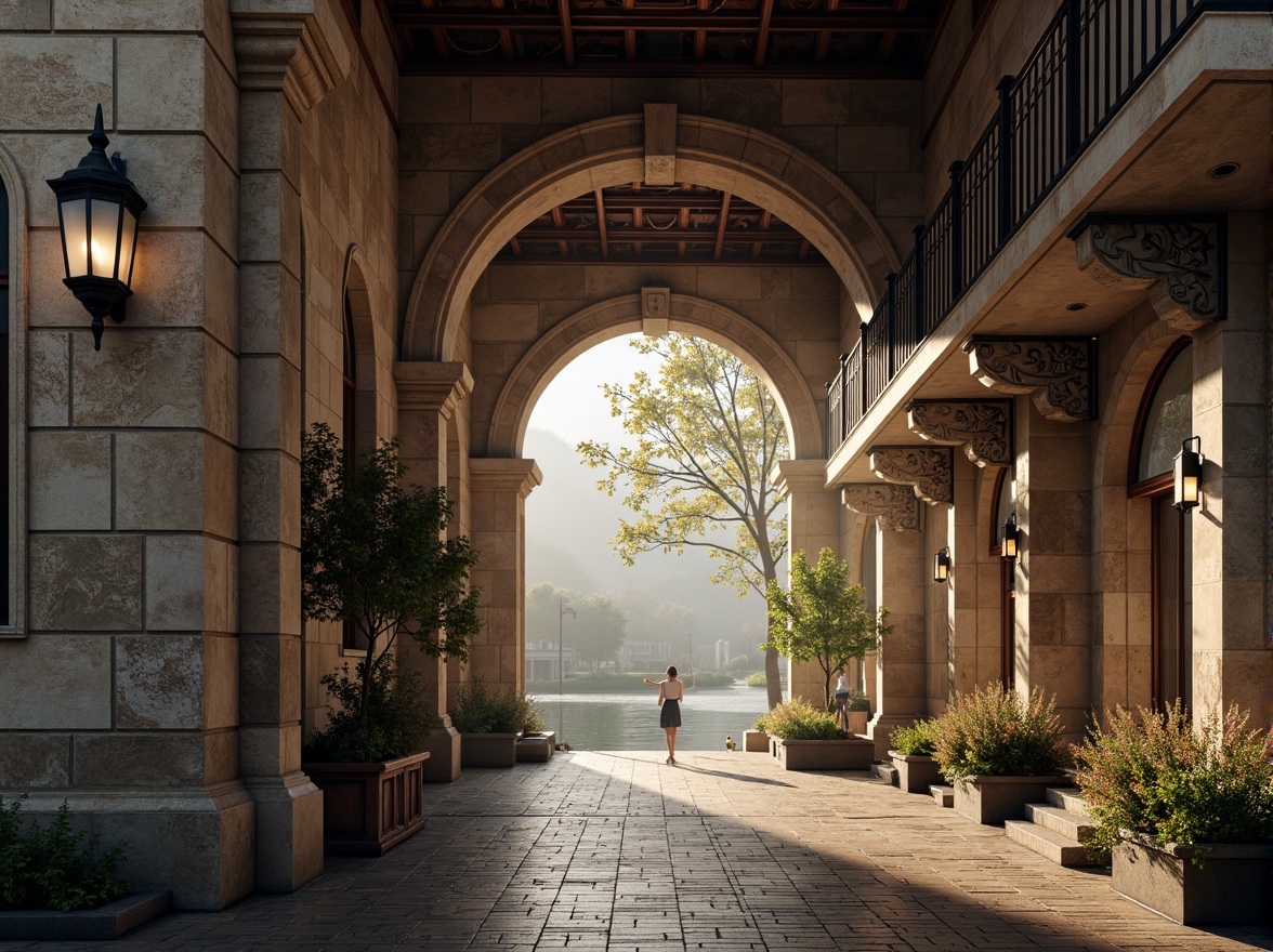 Prompt: Intricate stone carvings, ornate metal railings, grandiose arches, majestic columns, rustic stonework, weathered copper accents, lavish lanterns, dramatic water reflections, misty morning atmosphere, soft warm lighting, shallow depth of field, 1/2 composition, symmetrical framing, realistic textures, ambient occlusion.