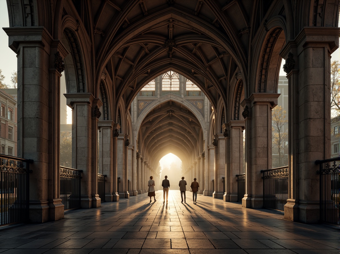 Prompt: Grand pedestrian bridge, Gothic archways, ornate stone carvings, ribbed vaults, pointed arches, flying buttresses, intricate tracery, stained glass windows, mystical ambiance, misty morning light, soft warm glow, shallow depth of field, 1/2 composition, symmetrical framing, realistic textures, ambient occlusion.