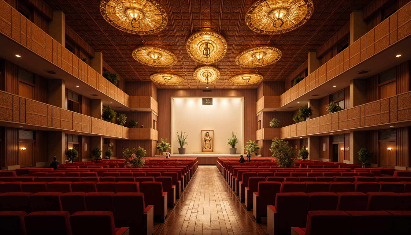 Prompt: Auditorium constructivism space, grandiose high ceiling, ornate chandeliers, plush red velvet seats, polished wooden floors, intricate geometric patterns, minimalist stage design, dramatic spotlights, warm golden lighting, shallow depth of field, 2/3 composition, symmetrical architecture, luxurious textiles, rich wood tones, metallic accents, avant-garde art pieces, futuristic sound systems, comfortable seating arrangements, ample legroom, wheelchair accessibility, subtle color palette.