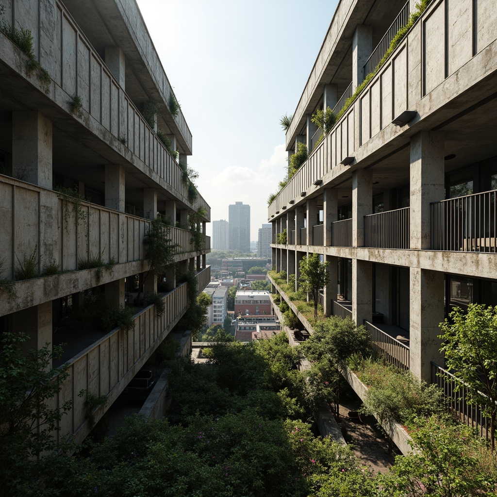 Prompt: Rugged brutalist buildings, raw concrete textures, fortress-like structures, overgrown vegetation, wildflowers, moss-covered walls, weathered steel beams, industrial materials, urban landscape integration, cityscape views, elevated walkways, cantilevered sections, dramatic shadows, harsh natural light, 1/1 composition, symmetrical framing, high-contrast lighting, gritty realistic textures, ambient occlusion.